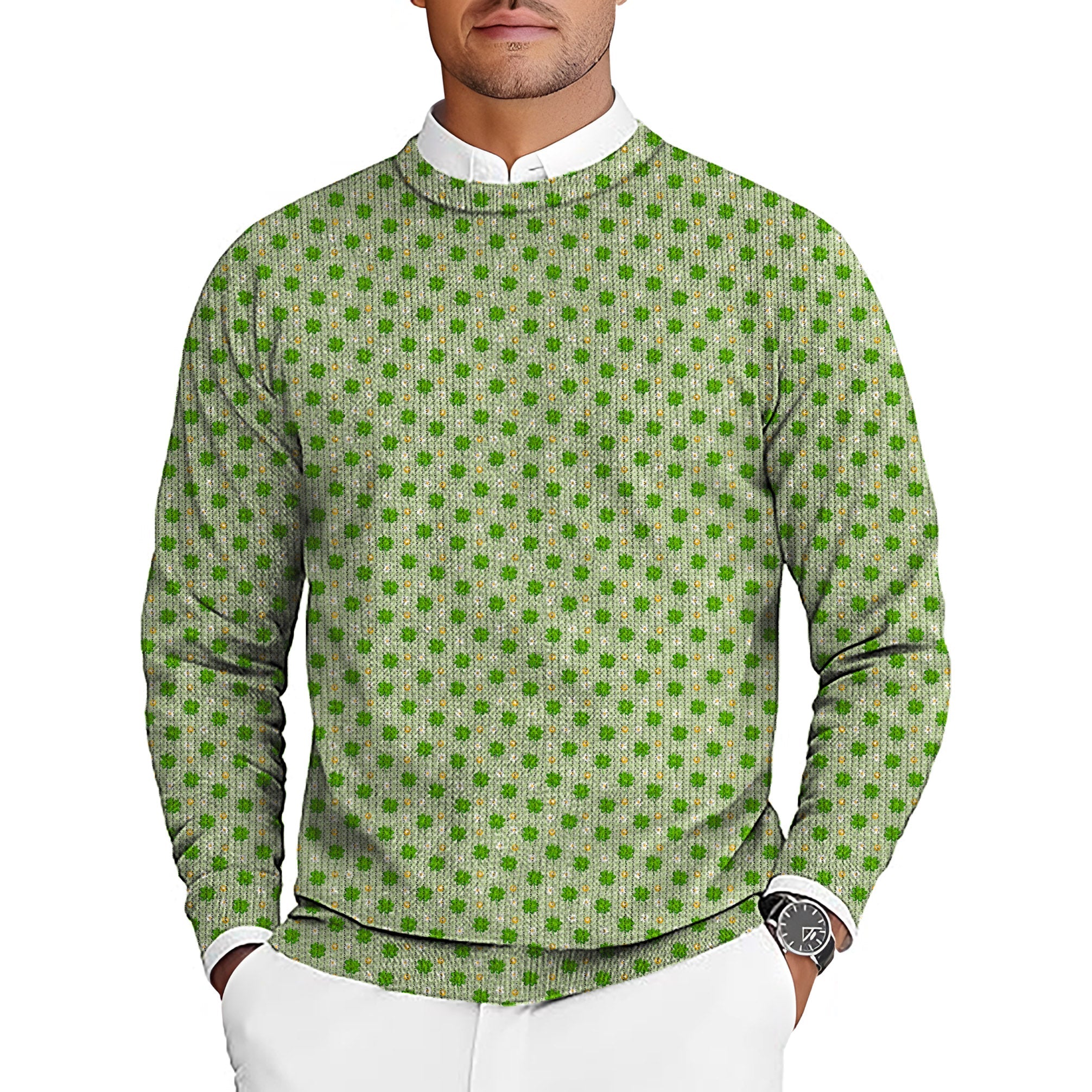 Men's crewneck pullover sweater with green leaf clover pattern for St. Patrick's Day golf attire