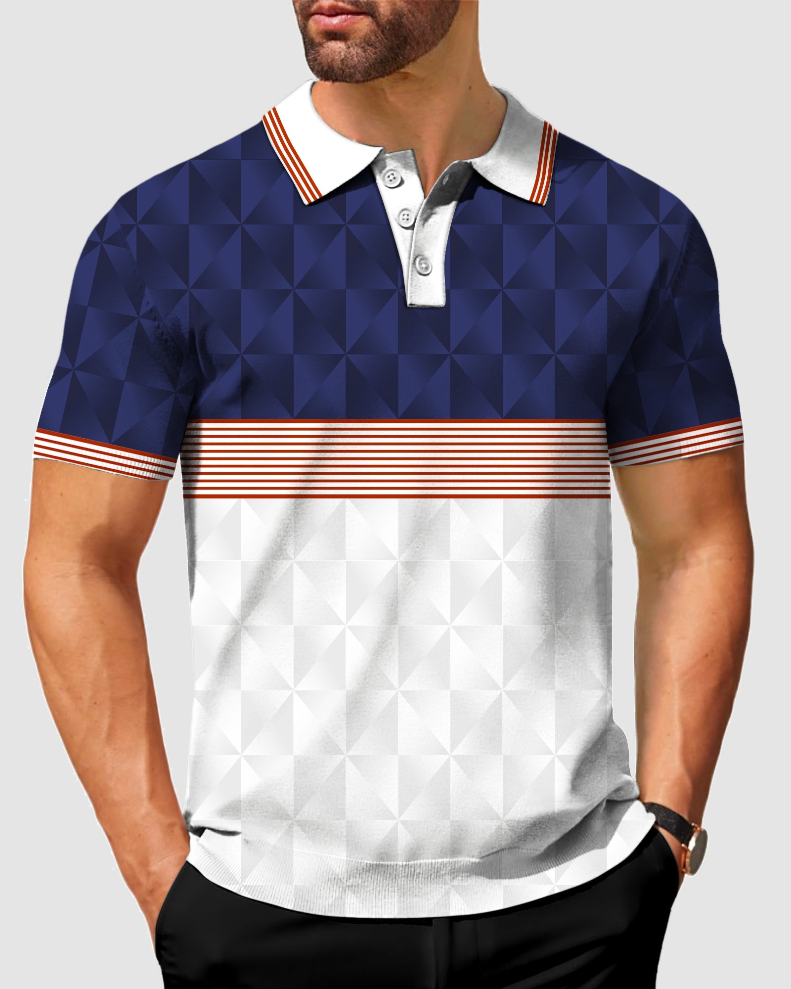 Men's Stripe Splicing custom sport polo shirt with four-way stretch, moisture-wicking fabric, and UPF 40+ protection