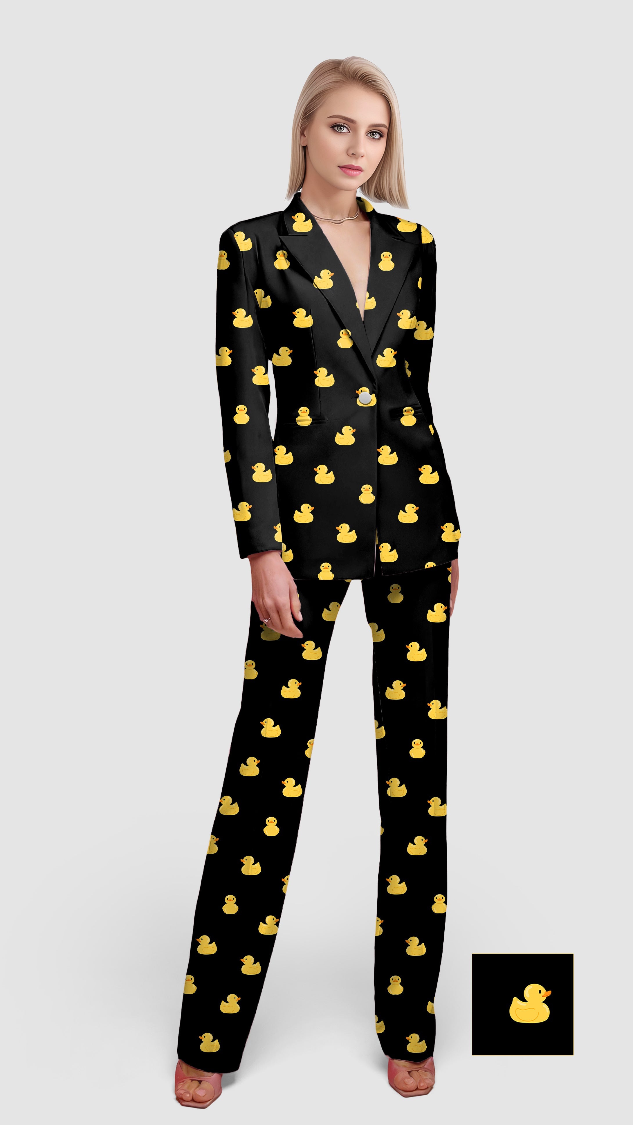 Women's black blazer suit set with yellow rubber duck pattern, casual work office wear