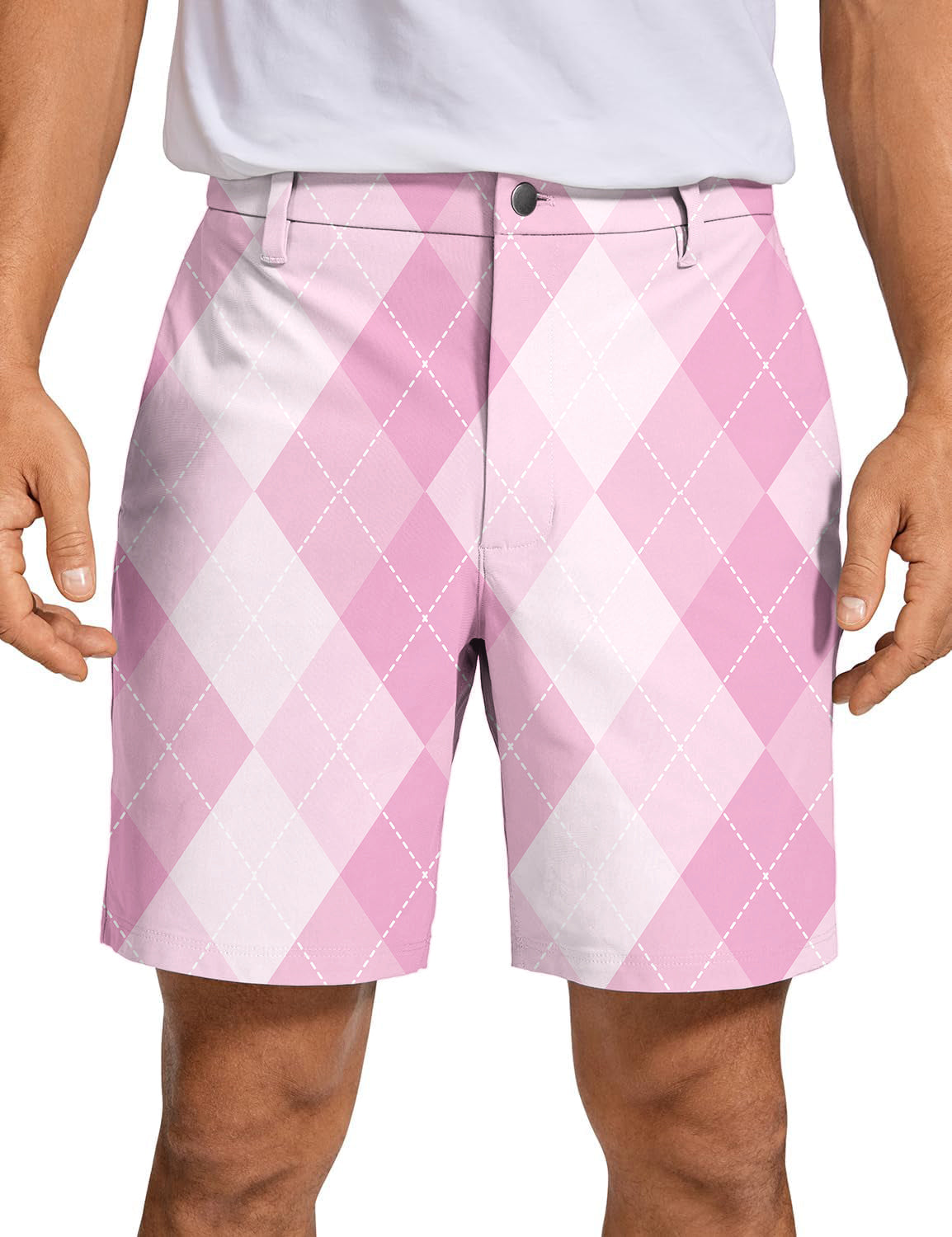 Men's pink Argyle golf shorts with quick-dry, breathable fabric and two-way stretch