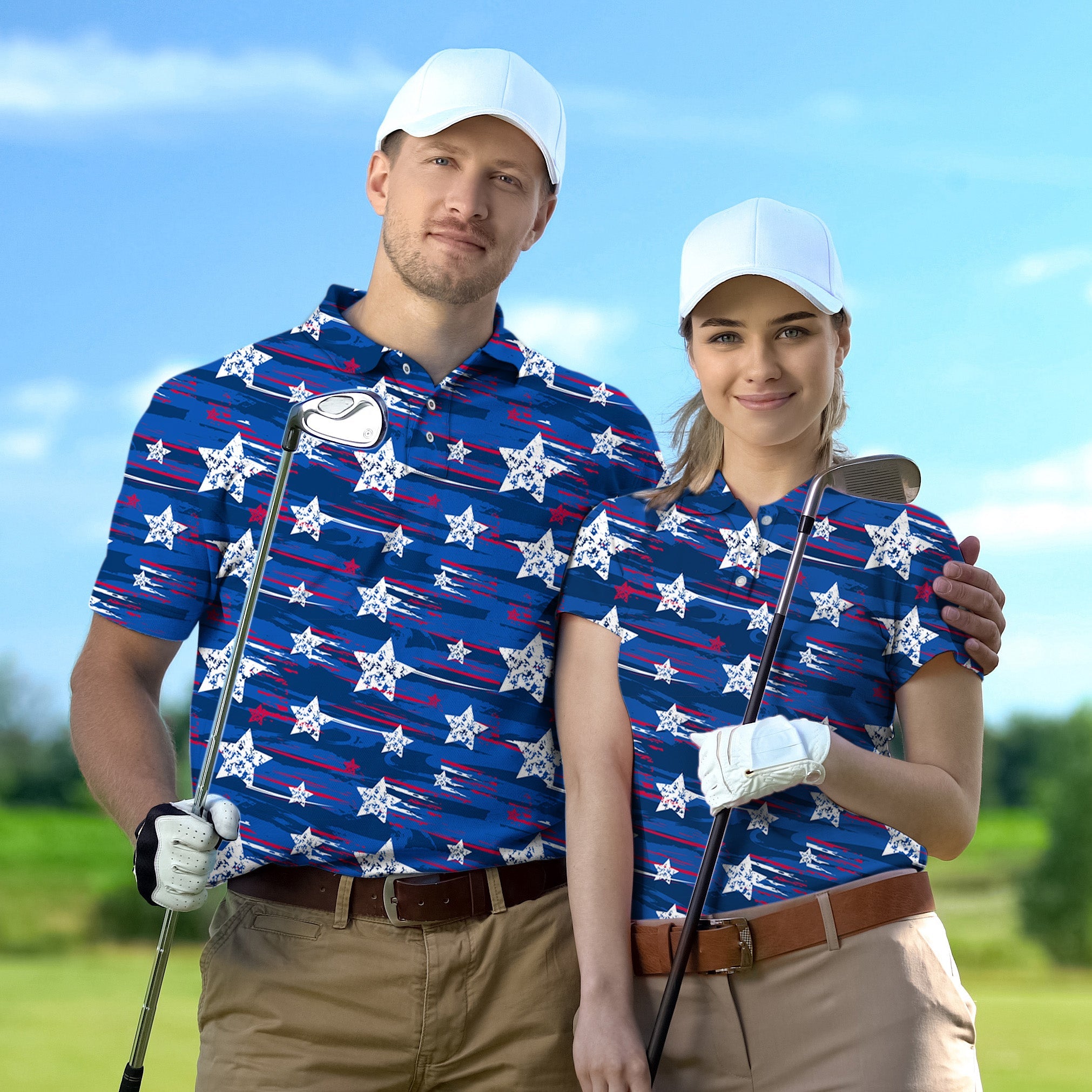 Couple American Star matching golf polo shirts with star pattern and white caps on golf course