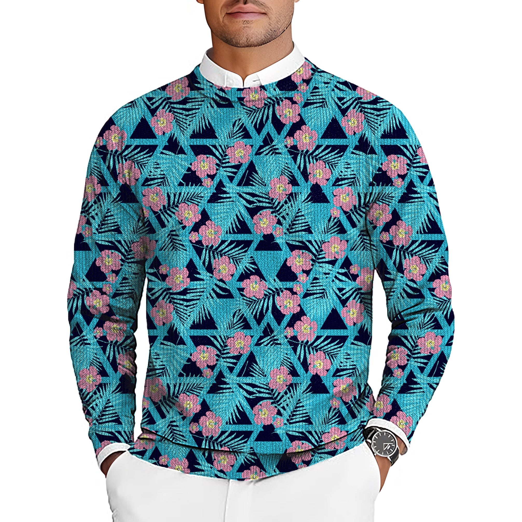 Tropical Bloom Men's golf crewneck pullover sweater with vibrant floral pattern