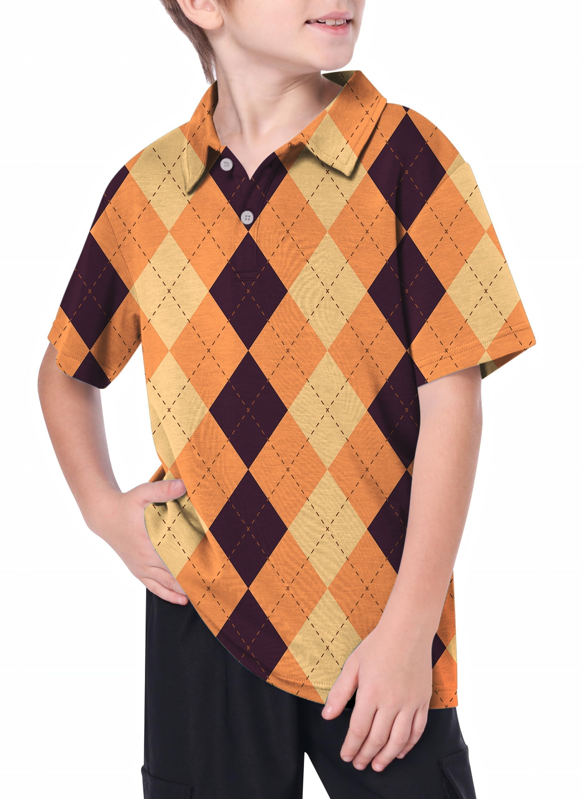 Youth Halloween black light yellow orange argyle golf polo for kids with moisture wicking and UPF 40+ protection
