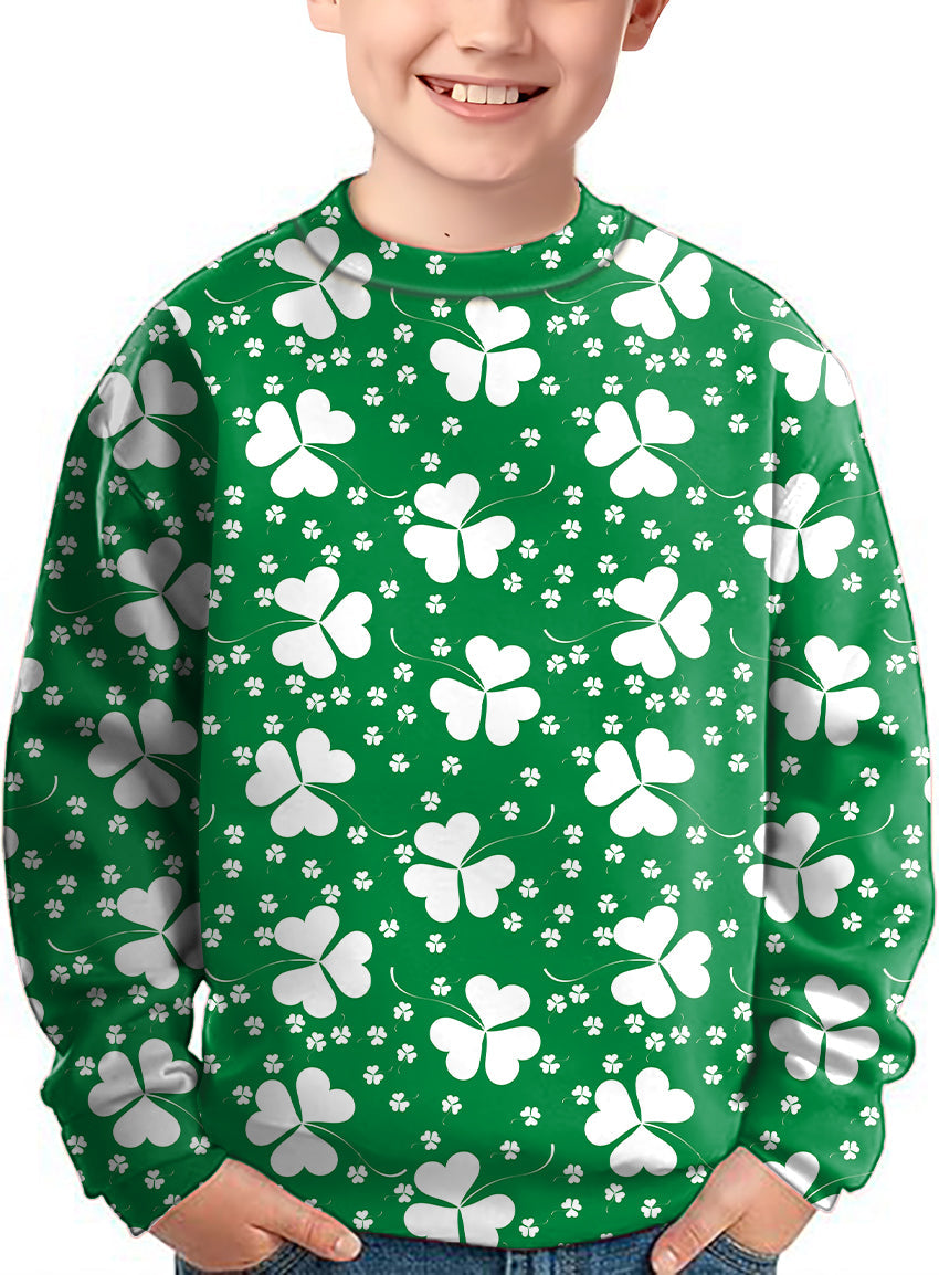 Kids St. Patrick's Day crewneck pullover with white leaf clover pattern on green background
