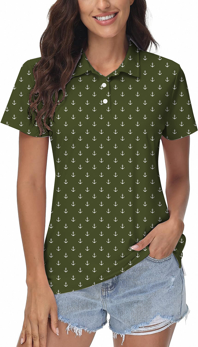 Dark green women's golf polo with white anchor pattern, moisture-wicking fabric, and classic fit