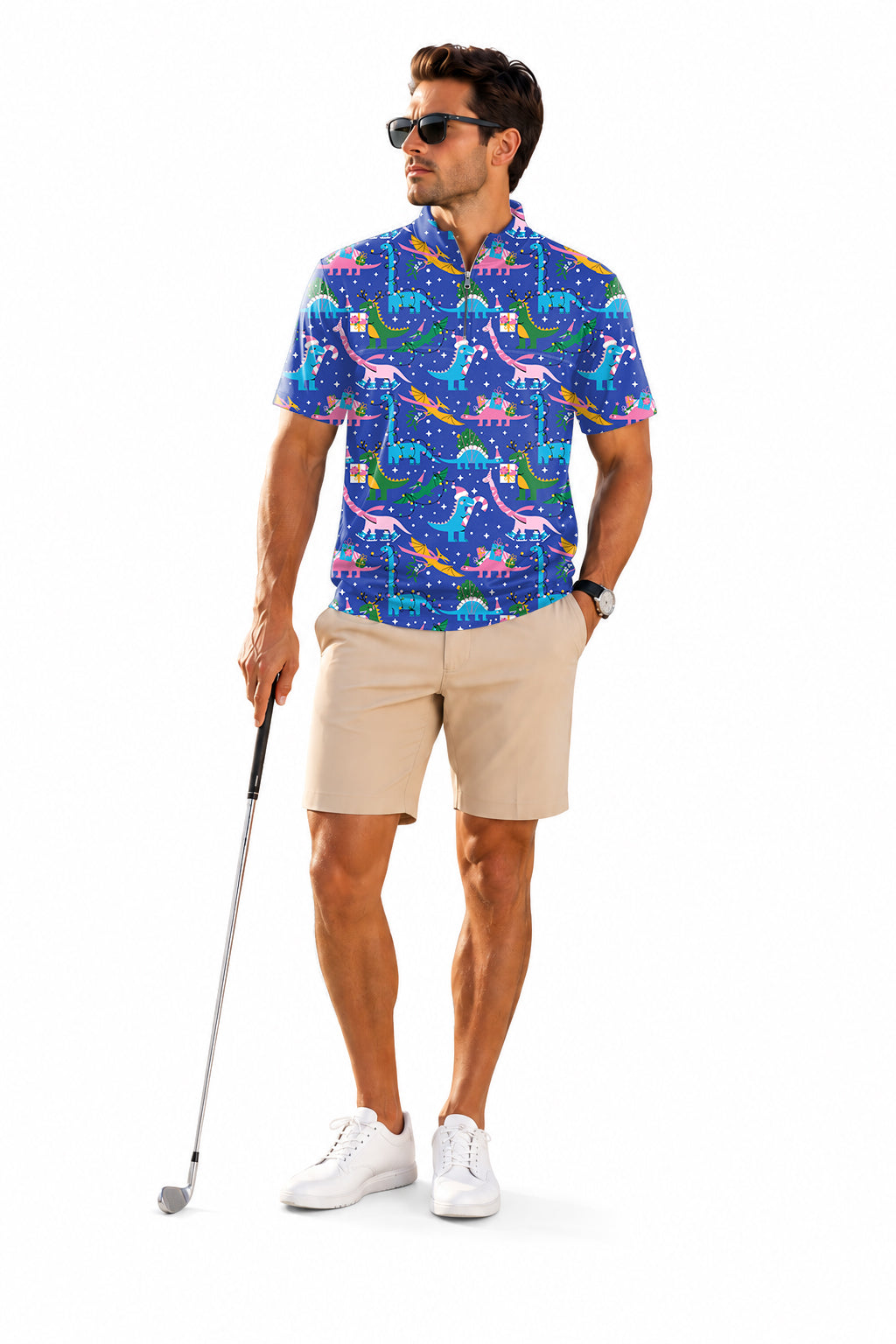 Men's Short Sleeve Quarter Zip Golf Pullover Christmas Dinosaur