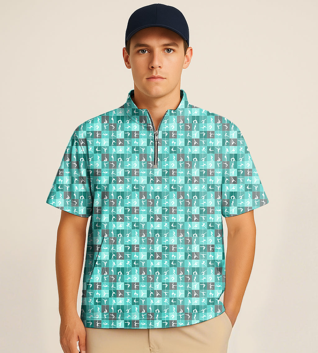 Man wearing half zipper turtleneck golf shirt with dance embroidery and short sleeves