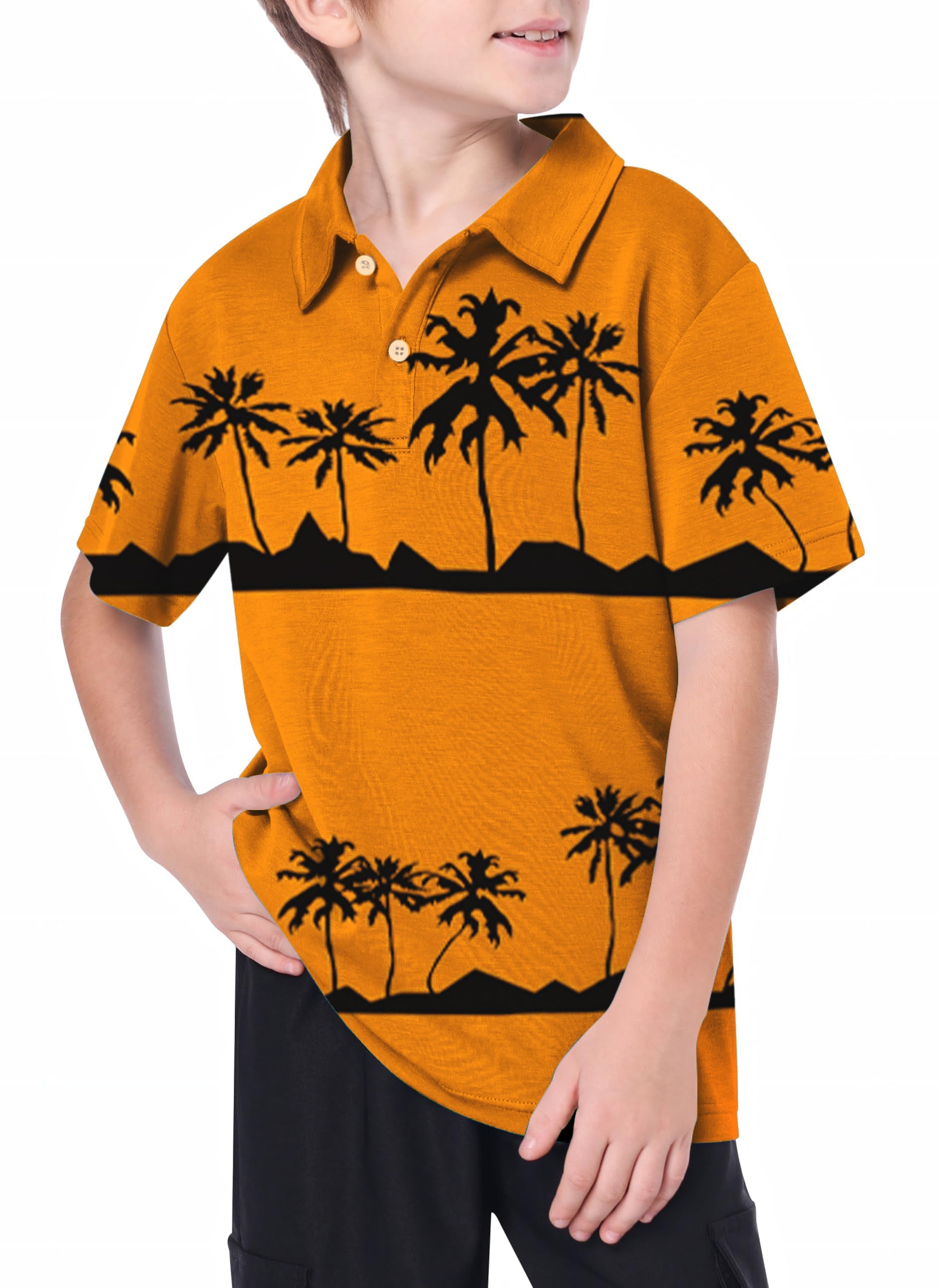 Youth Setting sun golf polo with coconut tree design for kids in vibrant orange
