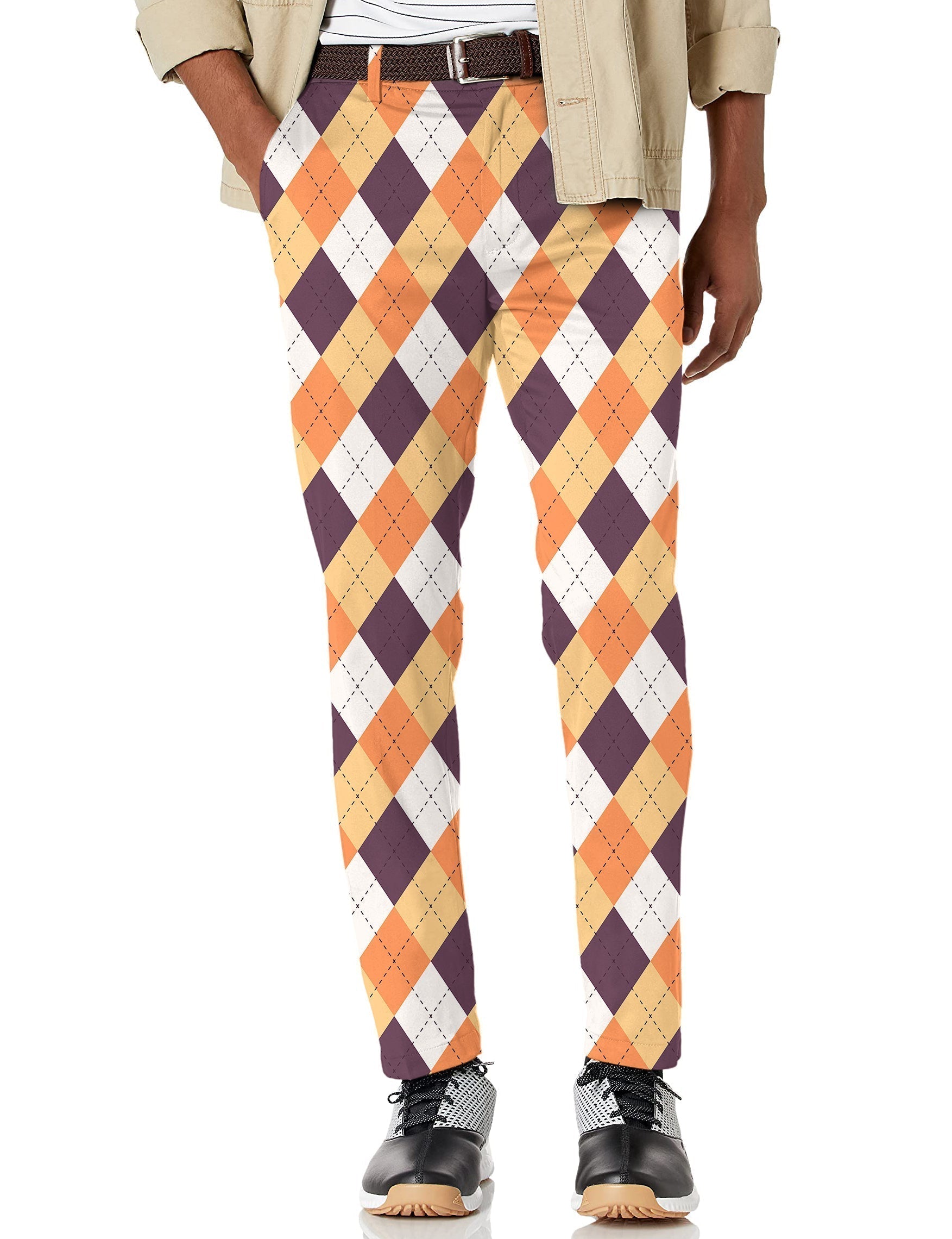 Men's Halloween orange white brown argyle stretch golf pants with moisture-wicking fabric and active waistband