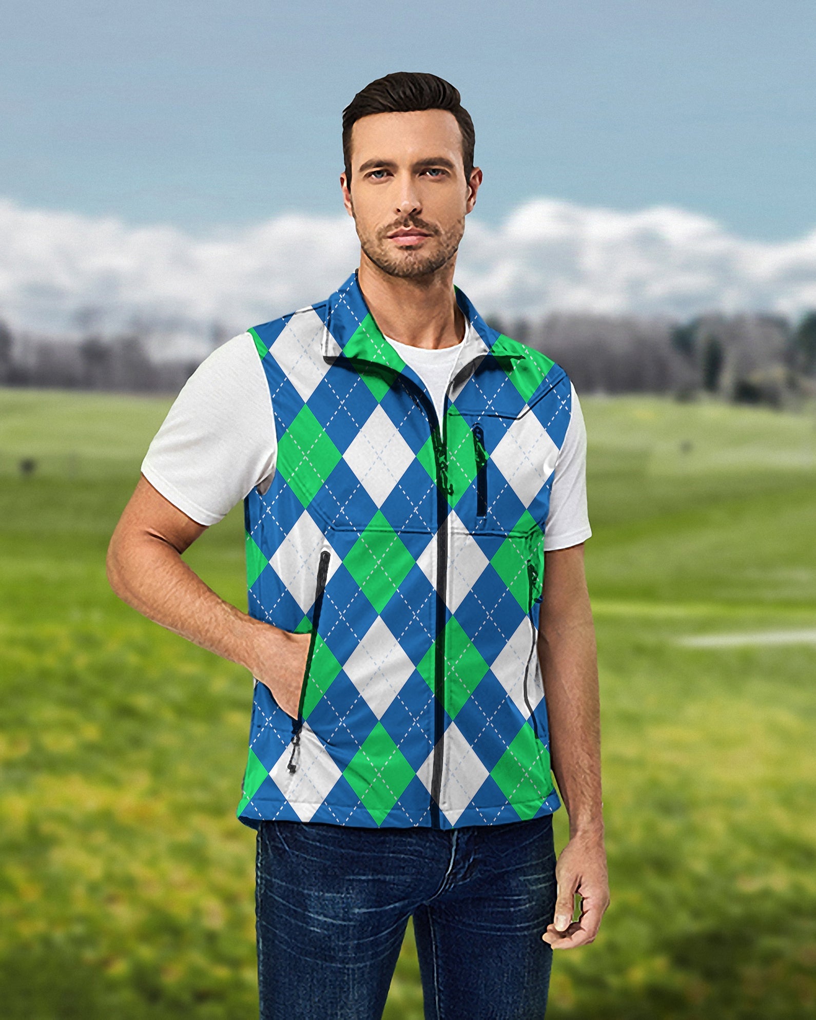 Men's Argyle green blue sleeveless softshell vest for golf, windproof and waterproof jacket