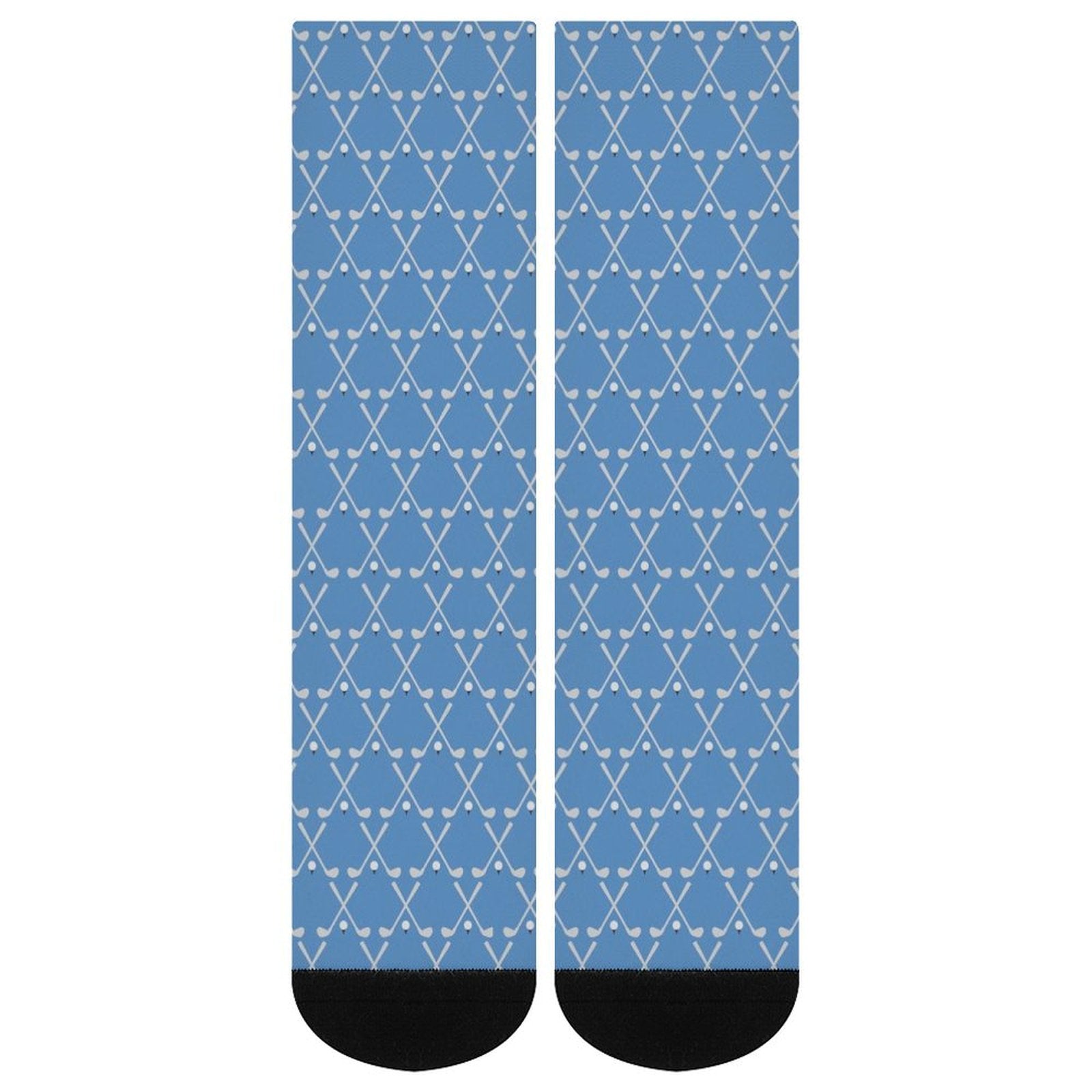 Blue crew socks with golf club pattern, cushioned sole, polyester-spandex blend, stylish and durable Tap Prined Sock Gifts for men and women.