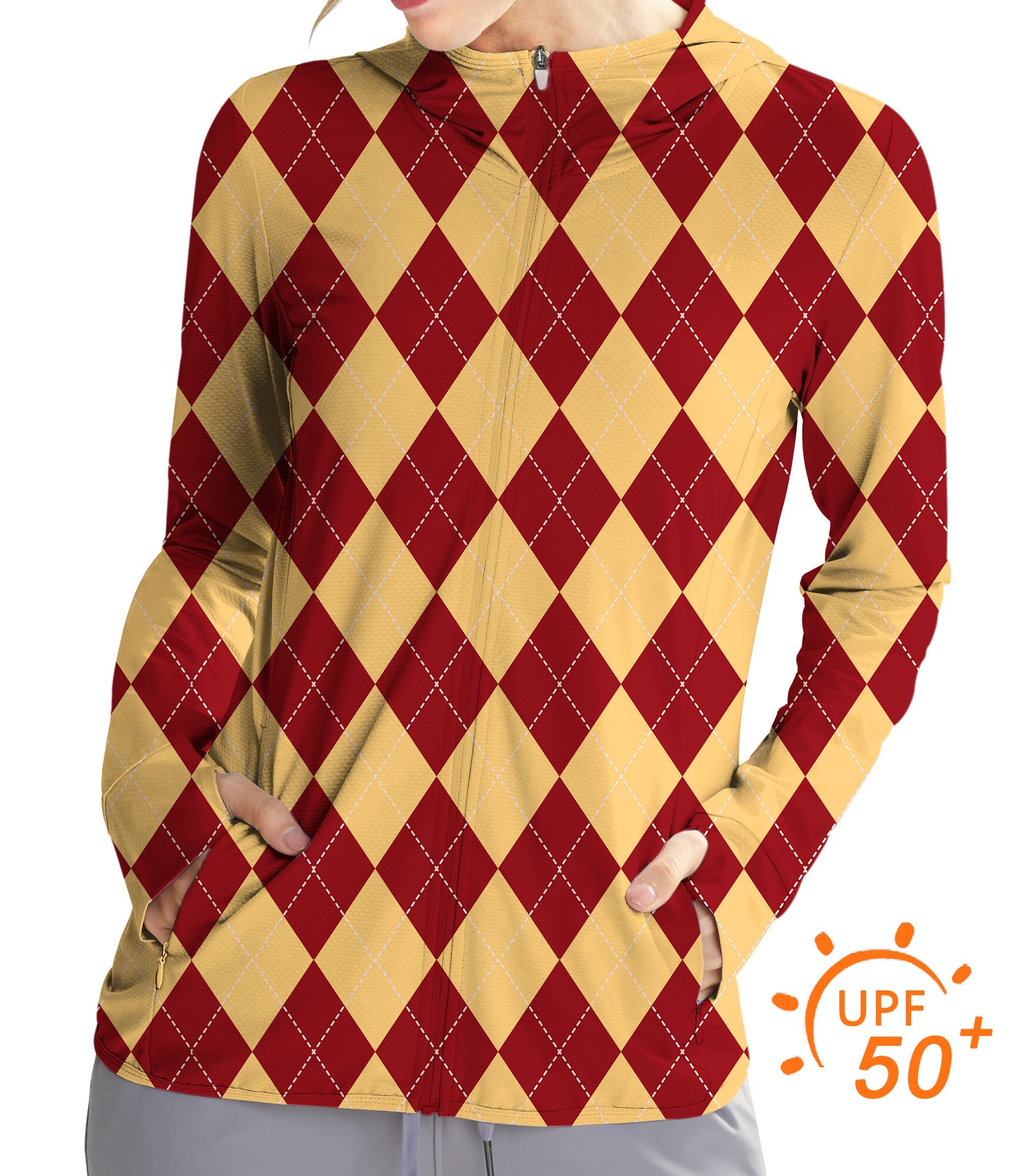 Women's outdoor yellow and red argyle slim fit zip hoodie with sun protection and thumb holes