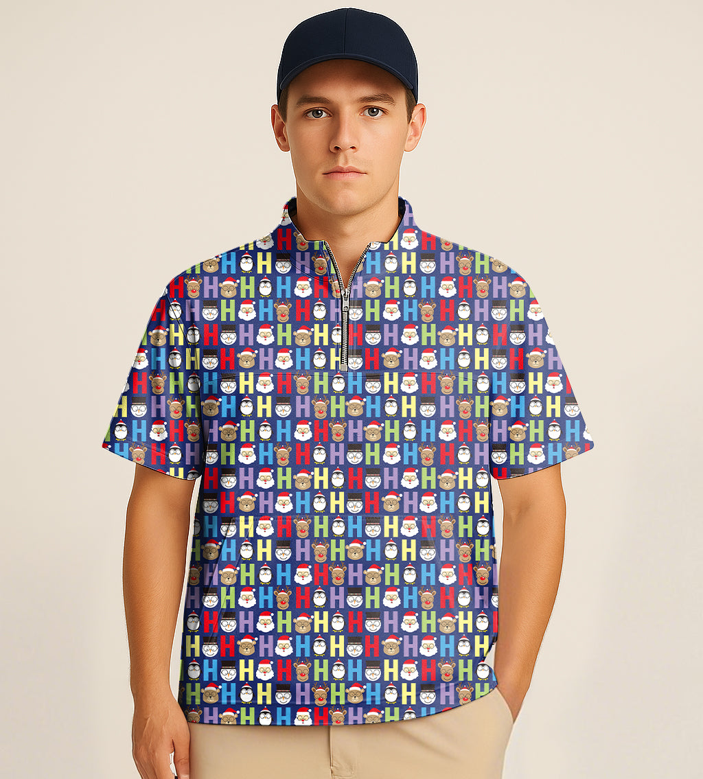 Half zipper turtleneck golf short shirt with colorful cartoon H elk Christmas embroidery designs worn by man in cap