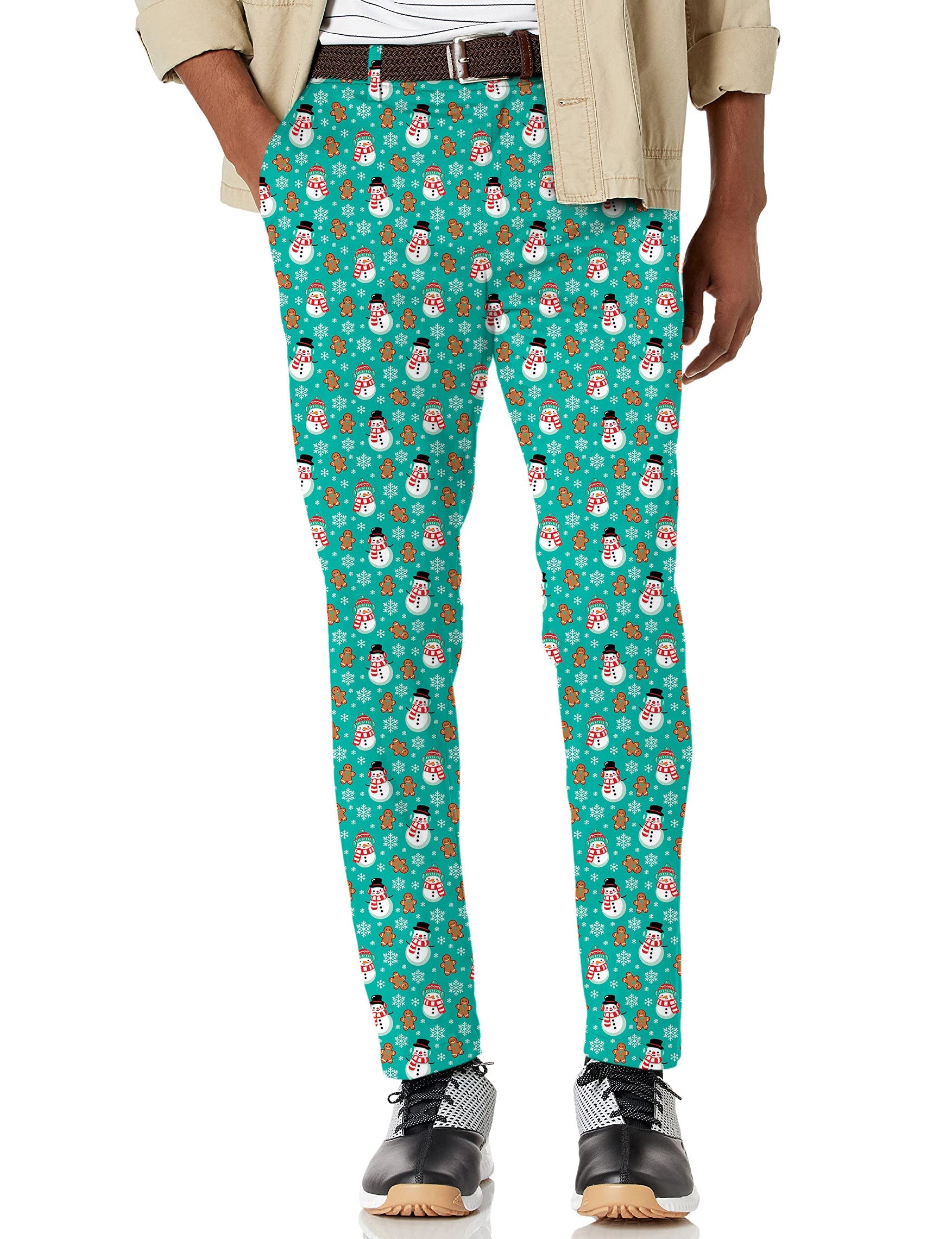 Men's gingerbread snowman blue Christmas stretch golf pants with moisture-wicking fabric and active waistband