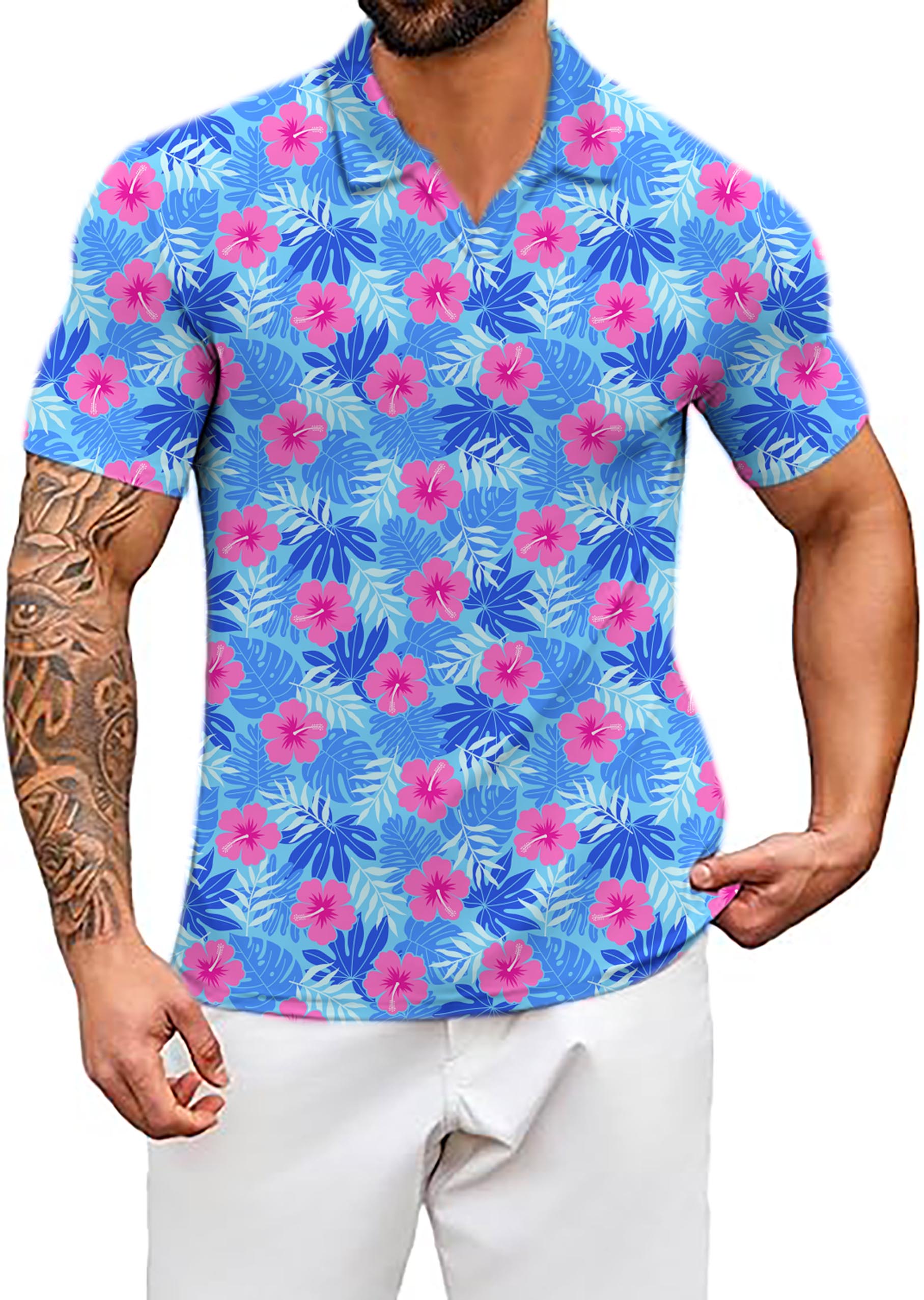 Men's Vivid Bloom flower V Neck Golf Polo Shirts