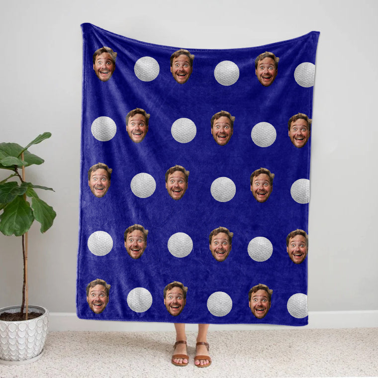 Personalized funny face golf fleece blanket with golf balls on blue sherpa fabric