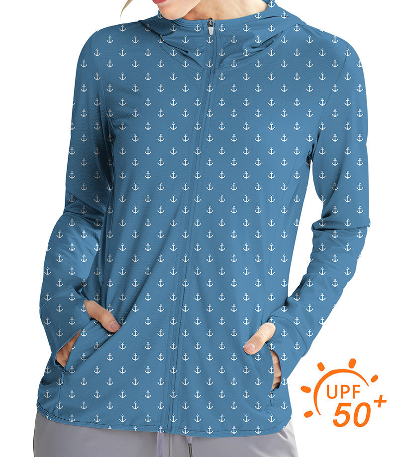 Women's outdoor sea blue anchor print slim fit zip hoodie with UPF 50+ sun protection