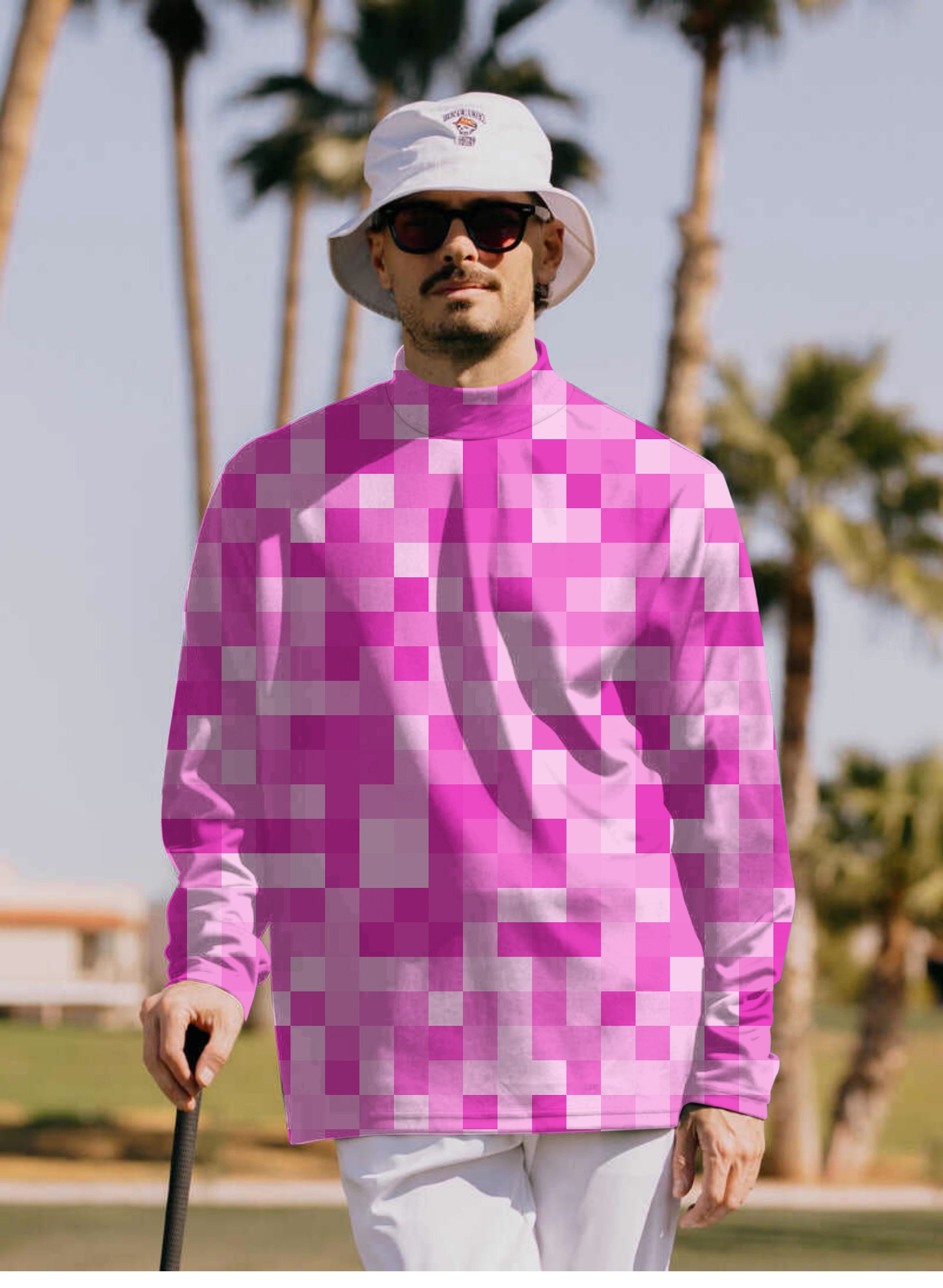 Men's rose red pixel high neck pullover long sleeve golf shirt with custom design