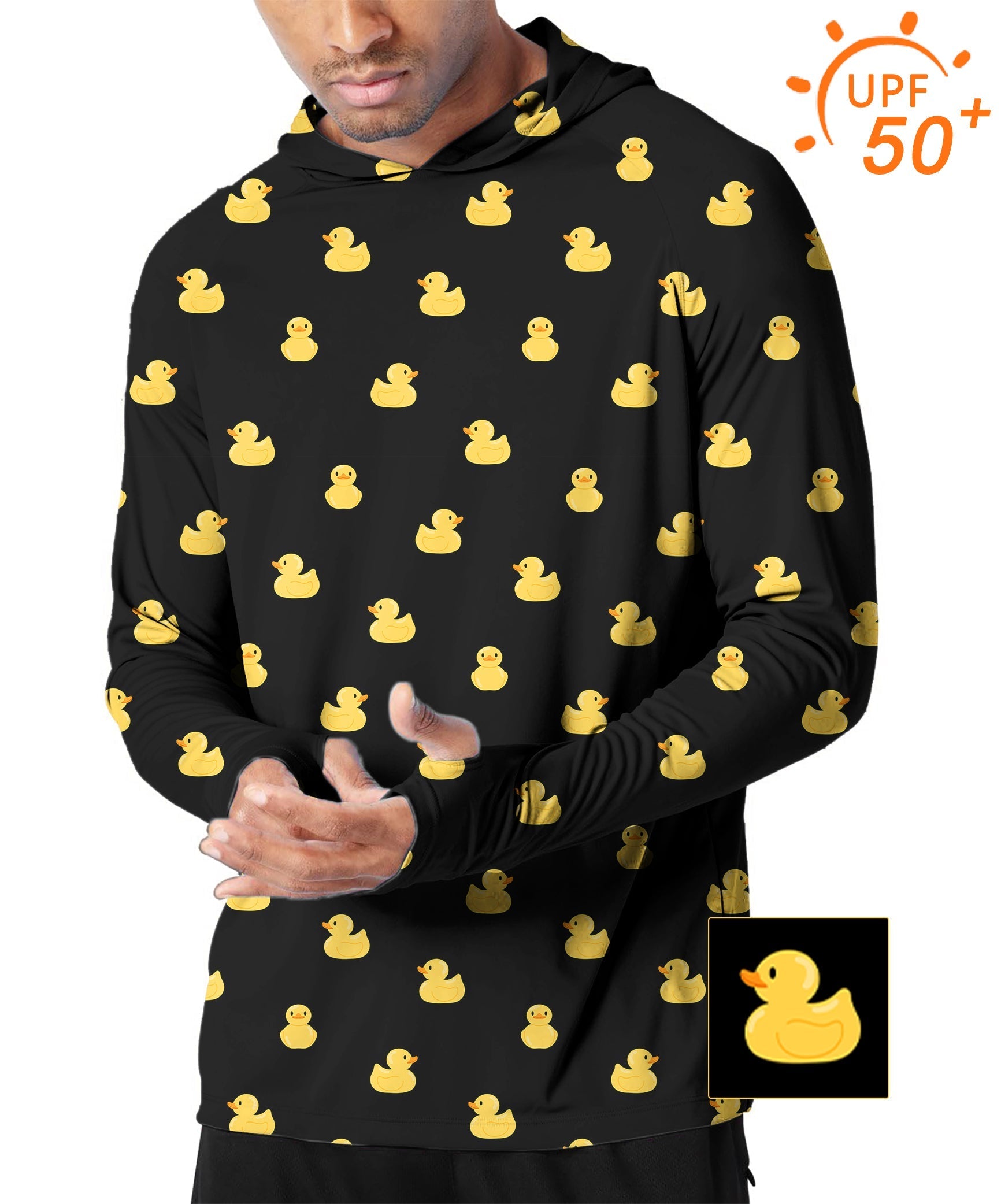 Men's outdoor slim fit hoodie with yellow rubber duck print, UPF 50+ sun protection, breathable and moisture-wicking fabric.