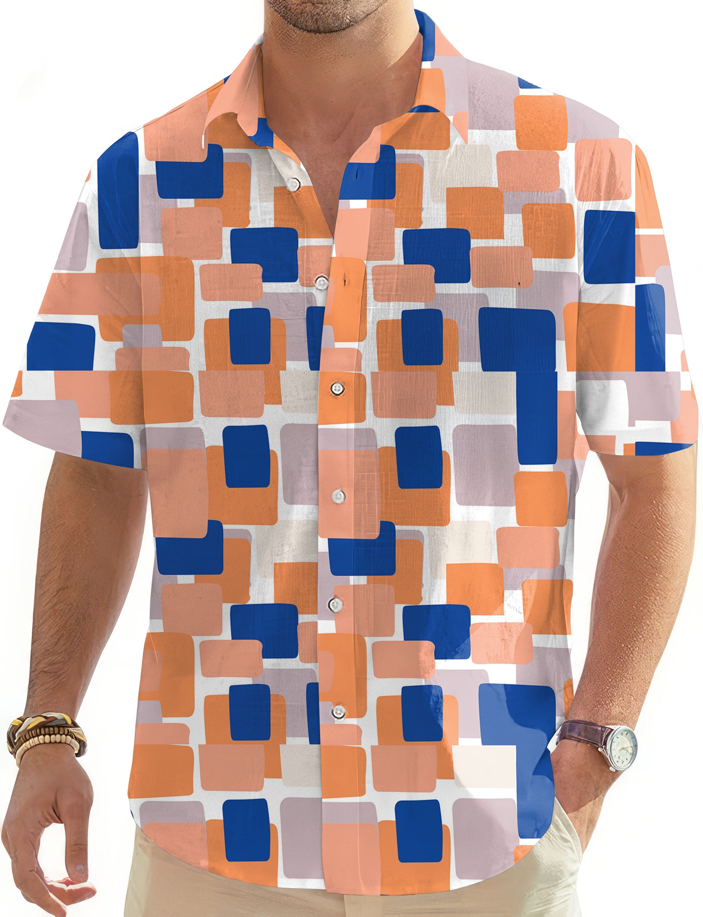 Mosaic-Men's golf Hawaiian button down shirt with blue and orange geometric pattern