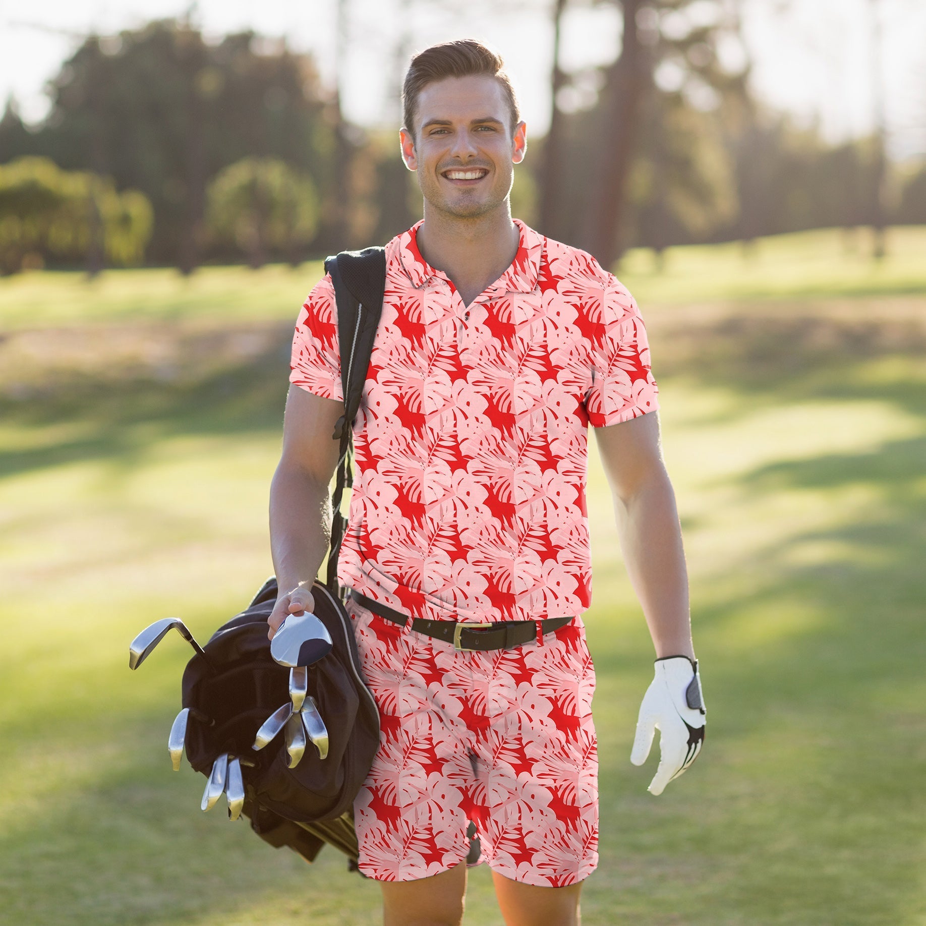 Men's Golf Set Polo+Shorts red tropical leaves and plants
