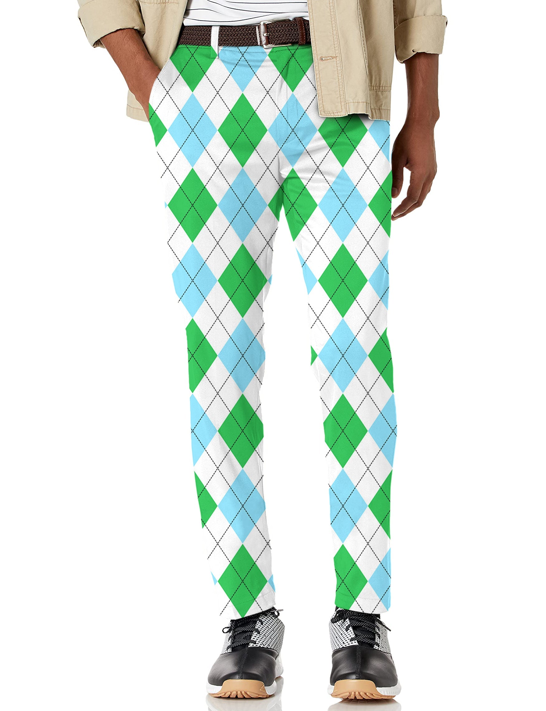 Men's green diamond grid stretch golf pants with moisture-wicking fabric and active waistband