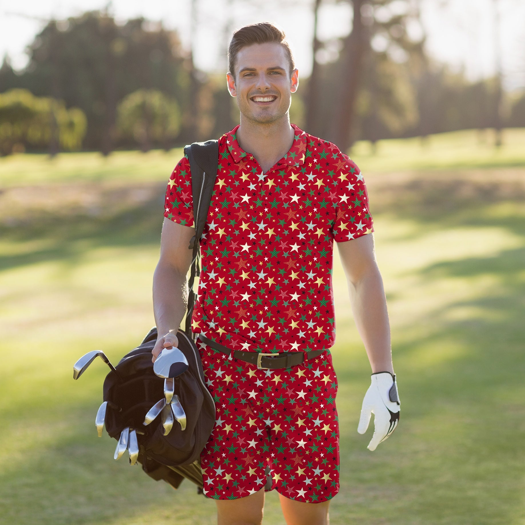 Men's golf set polo and shorts with colorful star Christmas pattern, breathable and stretchy fabric, wrinkle-resistant, UPF 40+ protection.