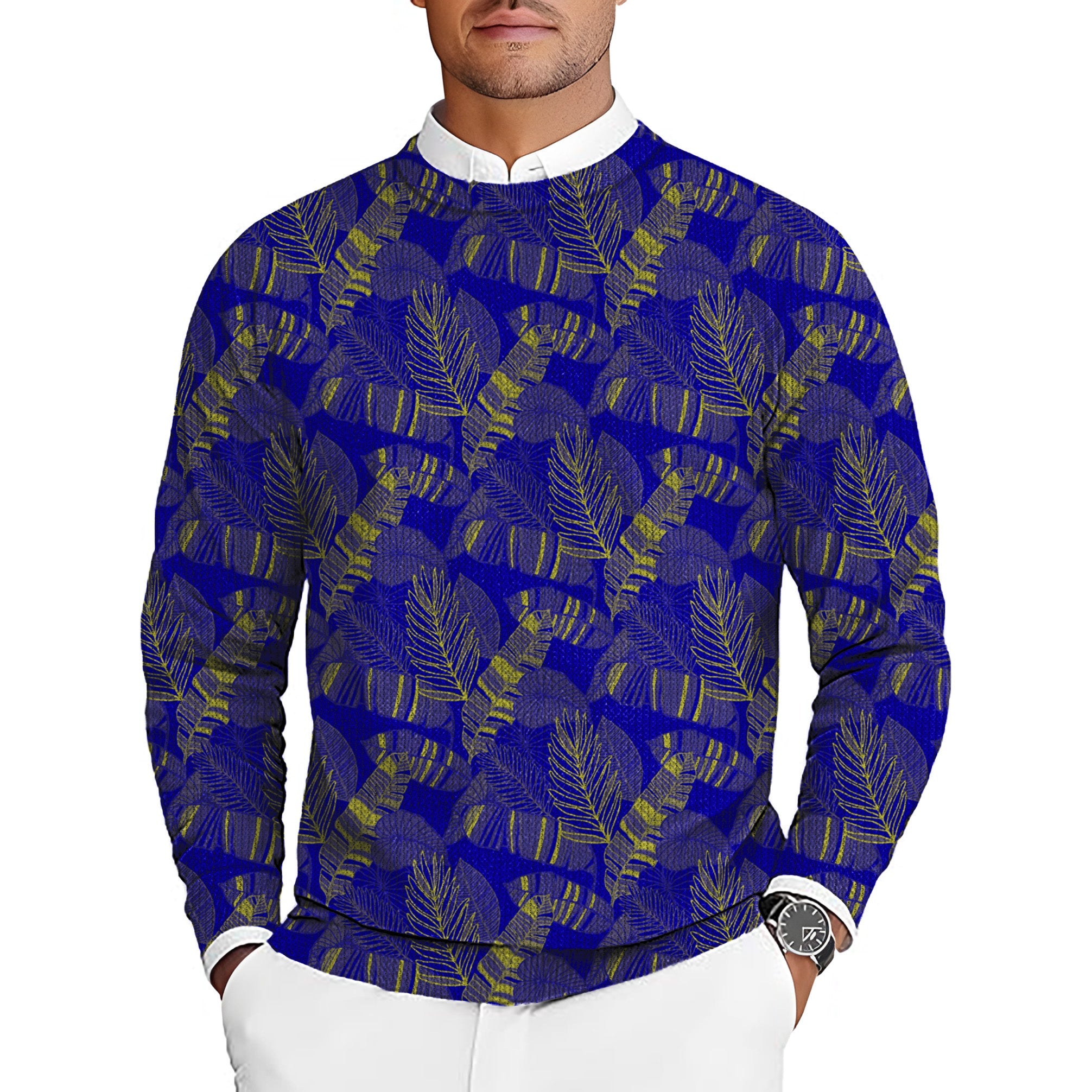 men's golf crewneck pullover sweater with blue and yellow palm leaf pattern