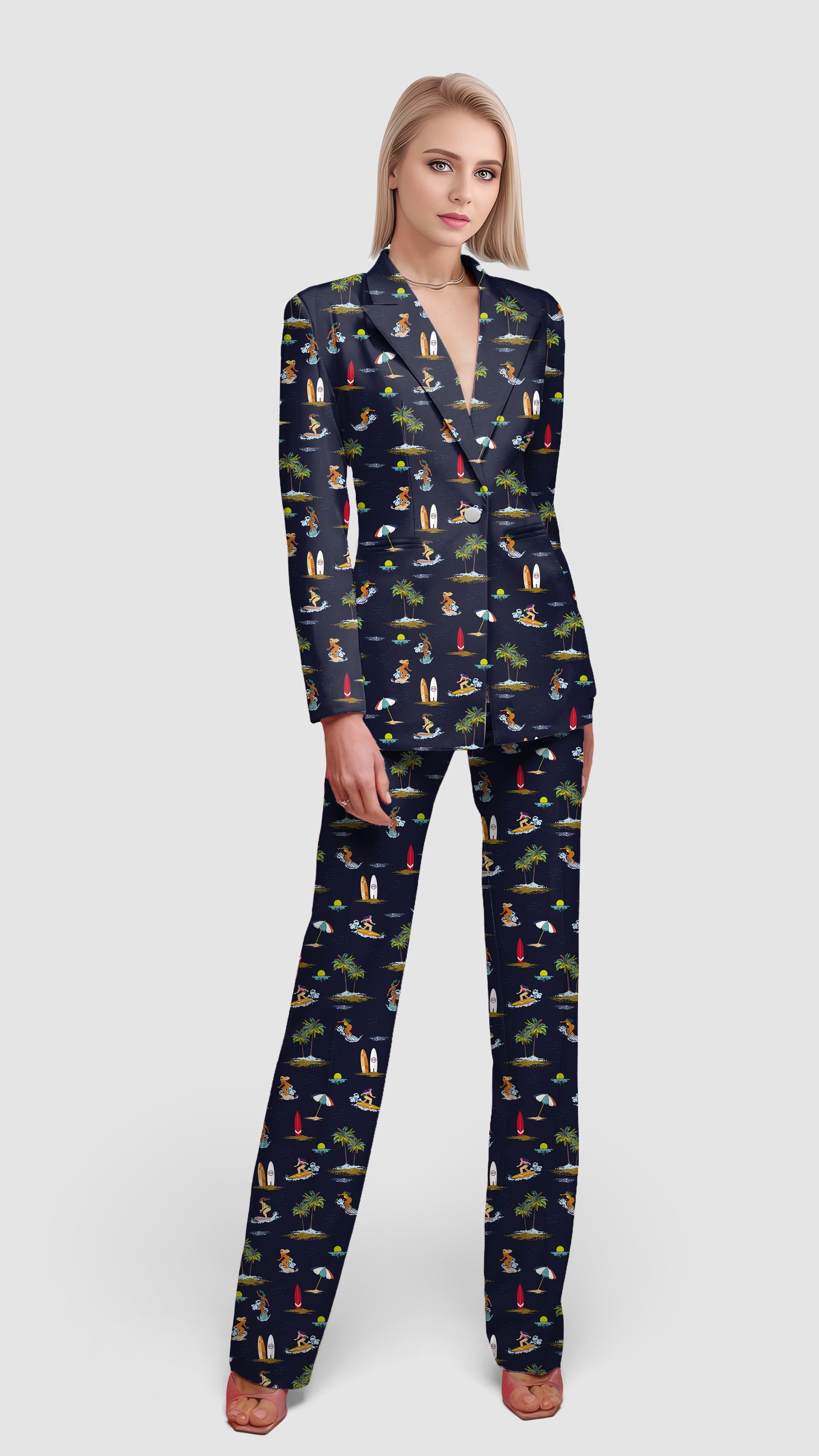Women¡¯s blazer suit set with surf-themed print, single button, lapel collar, and flap pockets for casual or office wear