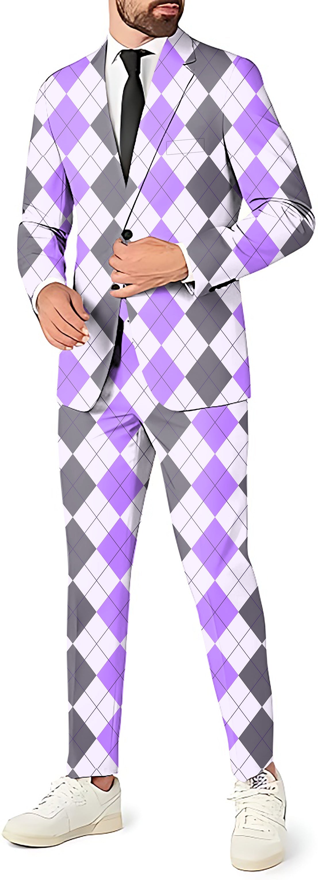 Men's purple grey argyle blazer suit with pants and vest for party costume