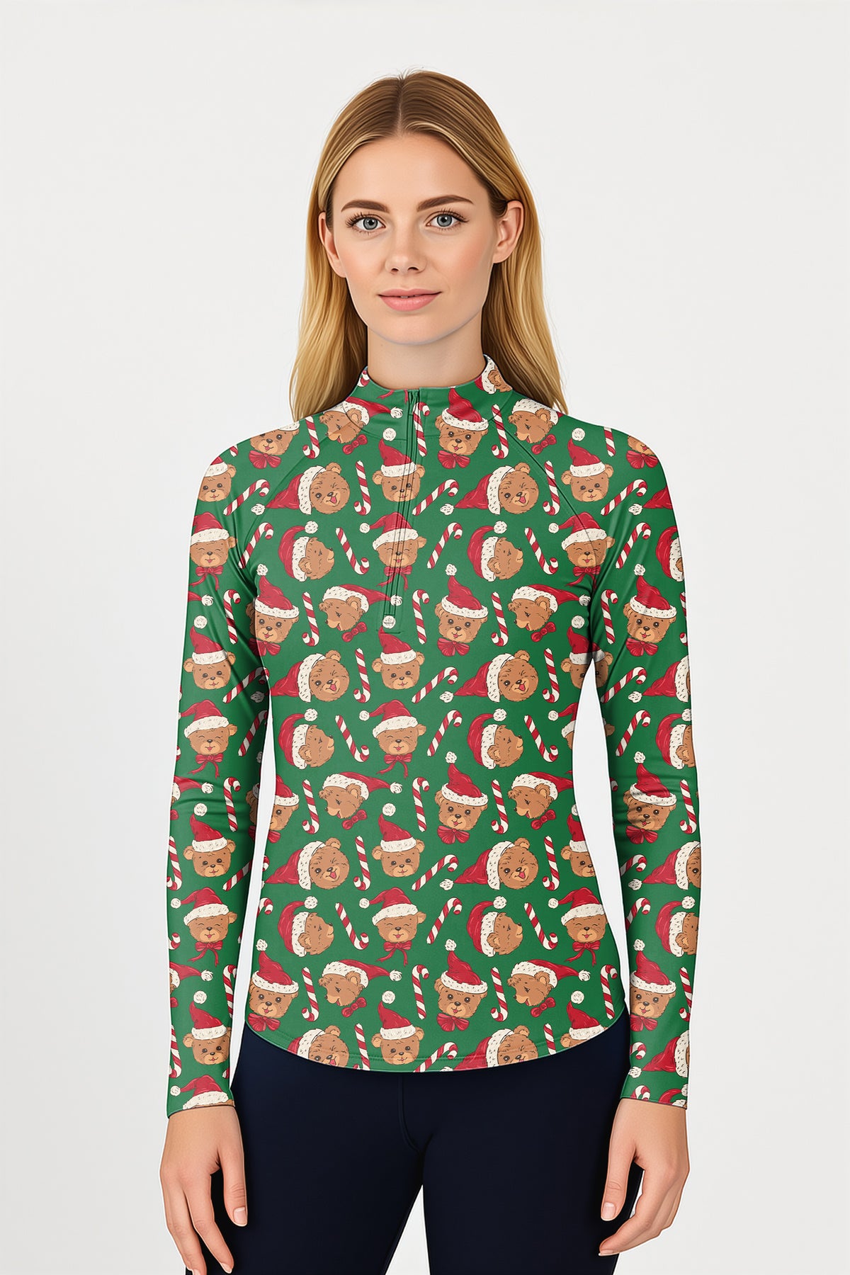 Green Christmas Teddy Bear Women's Golf Active 3/4 Zipper Top Long Sleeves