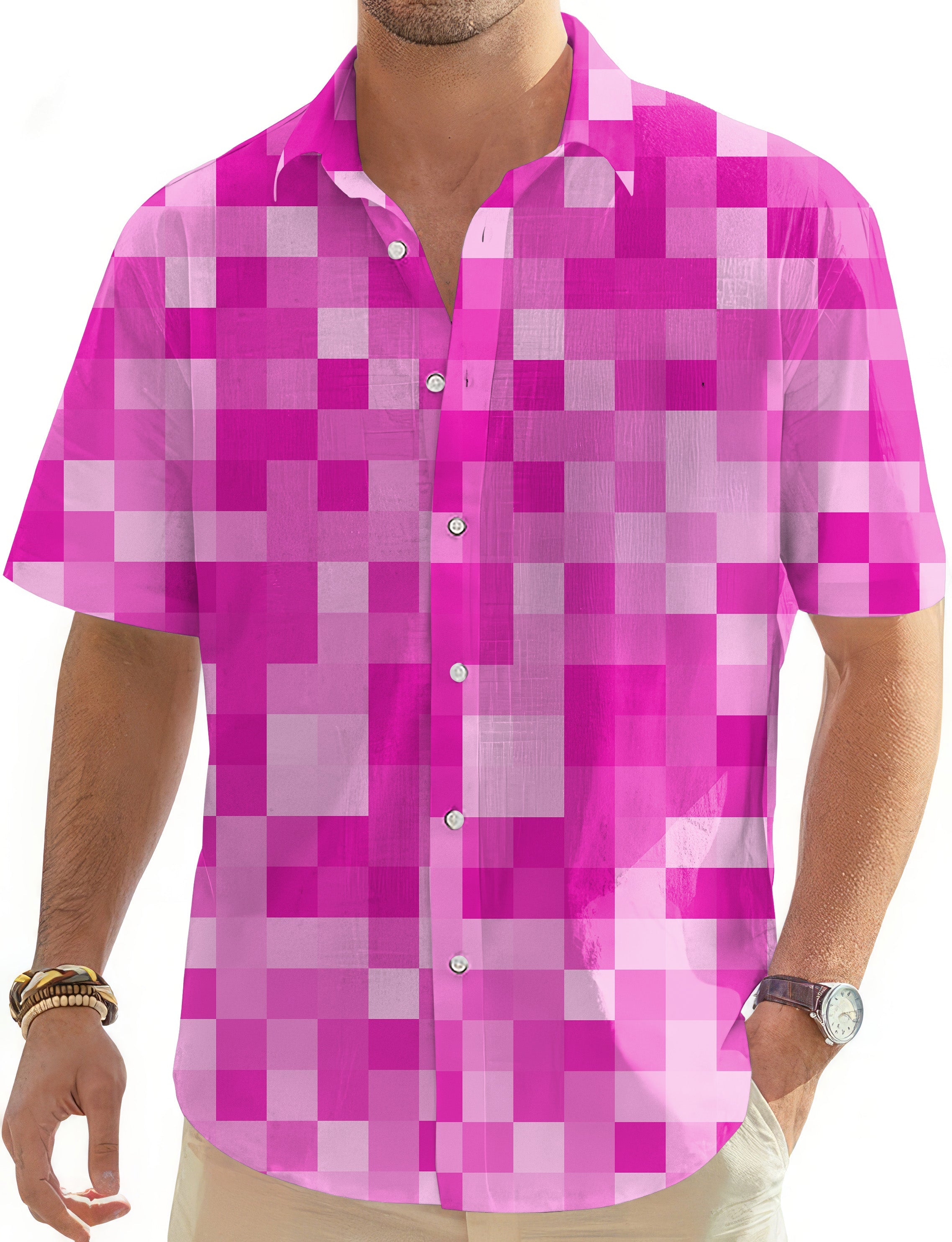 Rose red pixel pattern big men's golf Hawaiian button-down shirt with classic collar and short sleeves