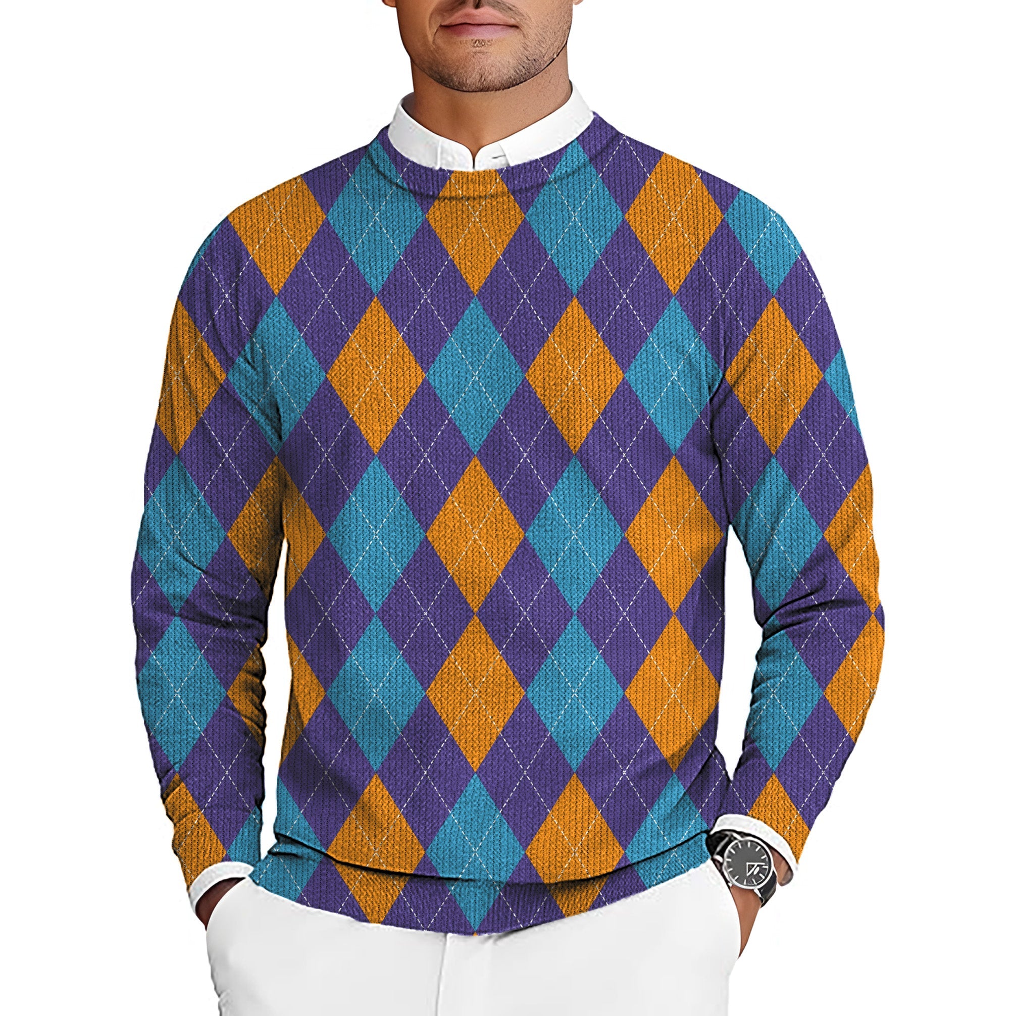 Men's golf crewneck pullover sweater with purple, orange, and blue argyle pattern