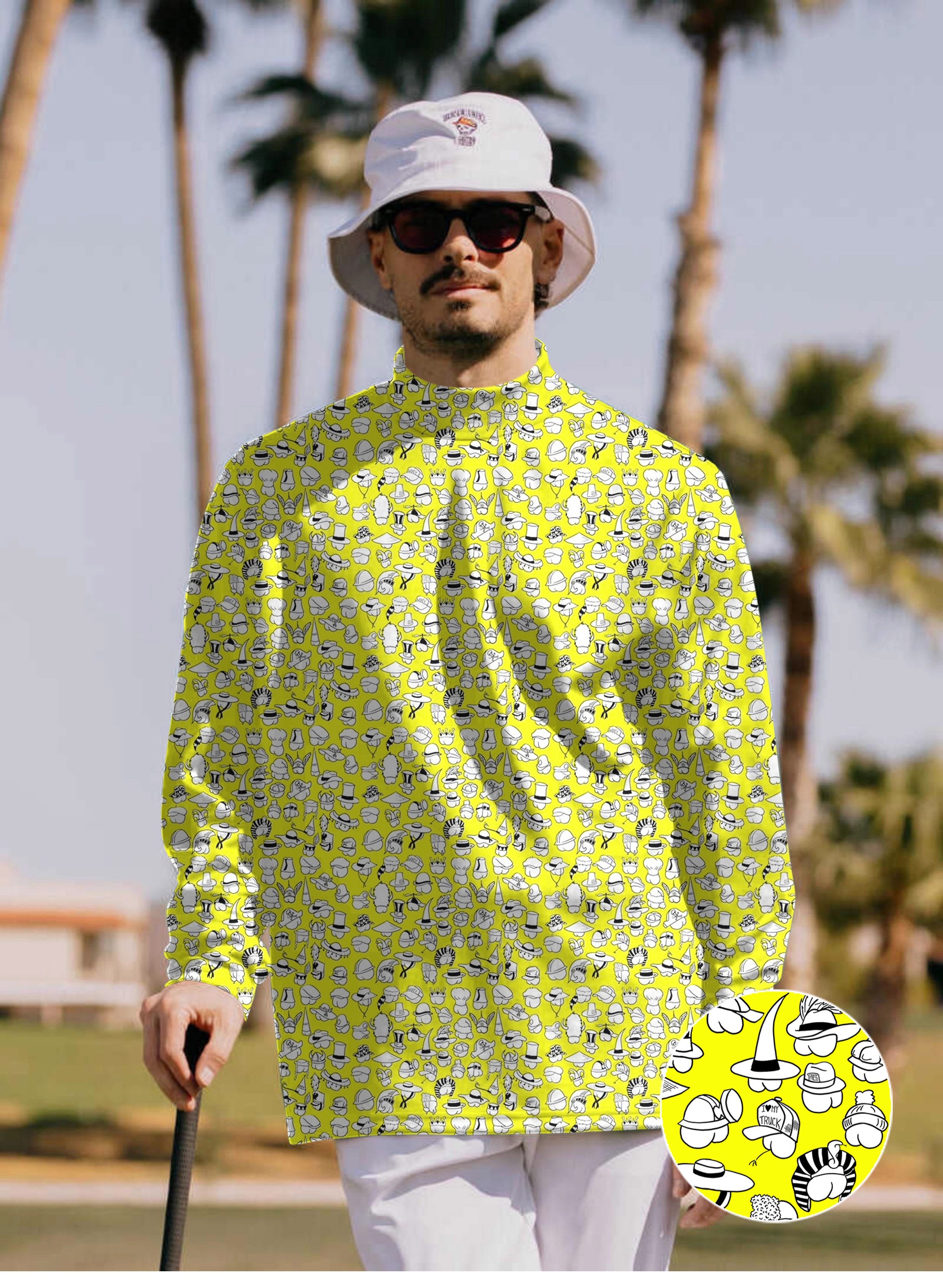 Men's Yellow Versatile Hips Designer style Mock Neck Long/Short Sleeve Golf Tops