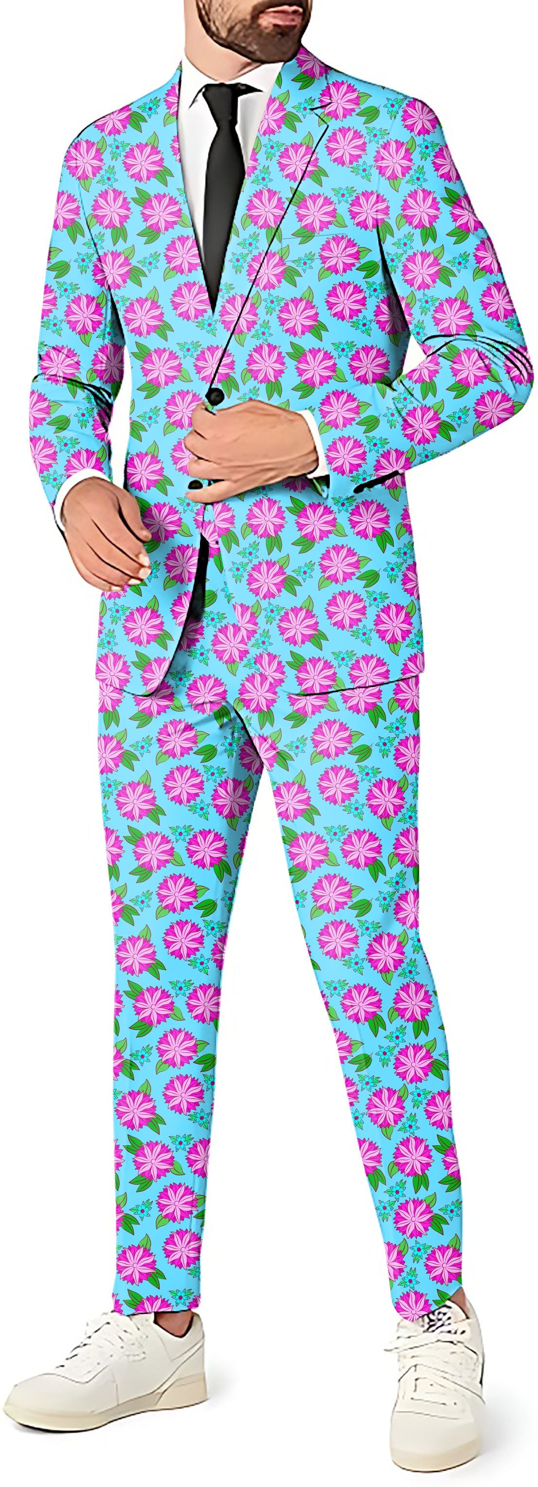 flower men's party costume slim fit blazer vest and pants with pink and green floral pattern