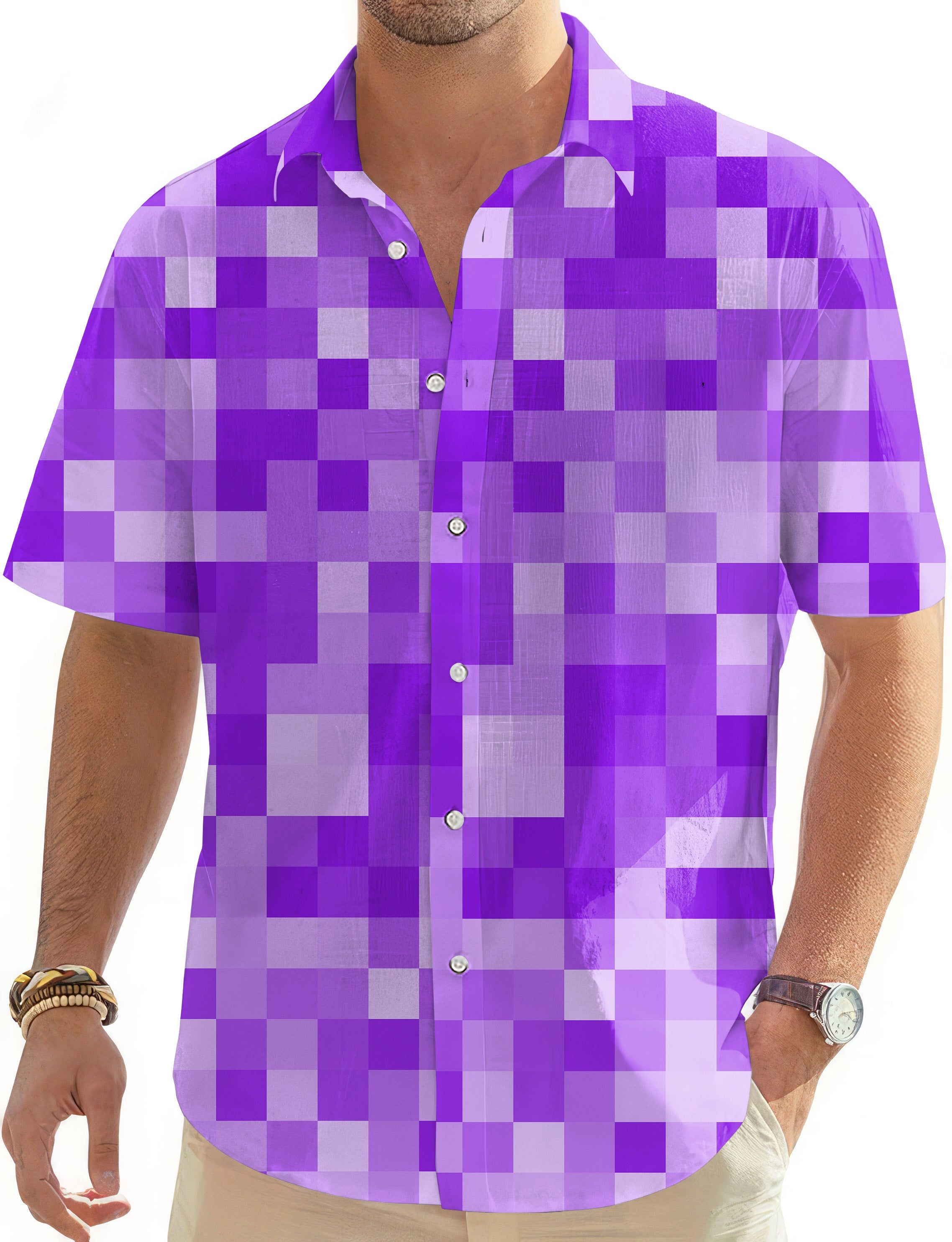 Purple pixel big men's golf Hawaiian shirt button-down short sleeve summer casual shirt