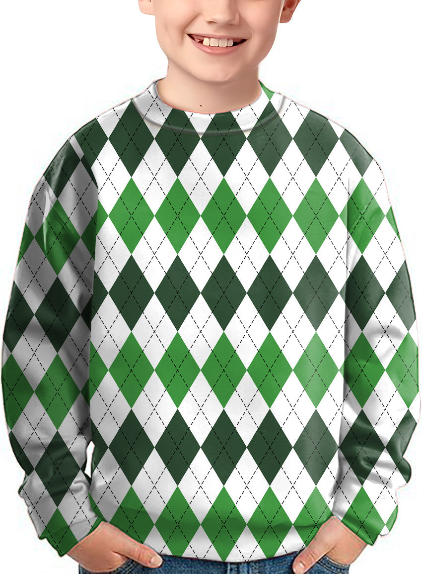 Kids St. Patricks day argyle plaid green and white crewneck pullover sweater