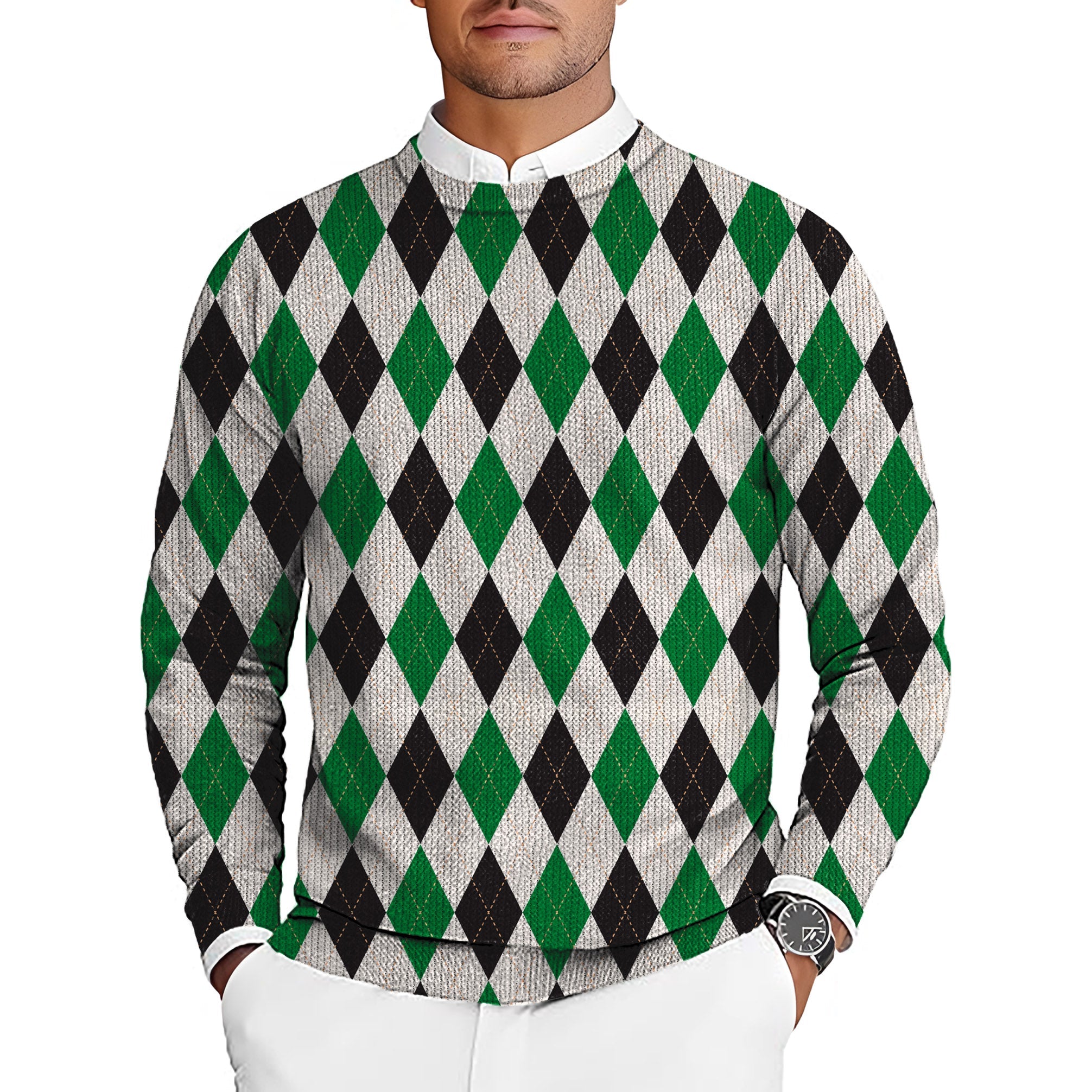 Argyle grid men's golf crewneck pullover sweater with green and black diamond pattern