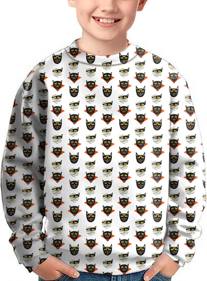 Kids crewneck pullover with Halloween mummy cat pattern on white background