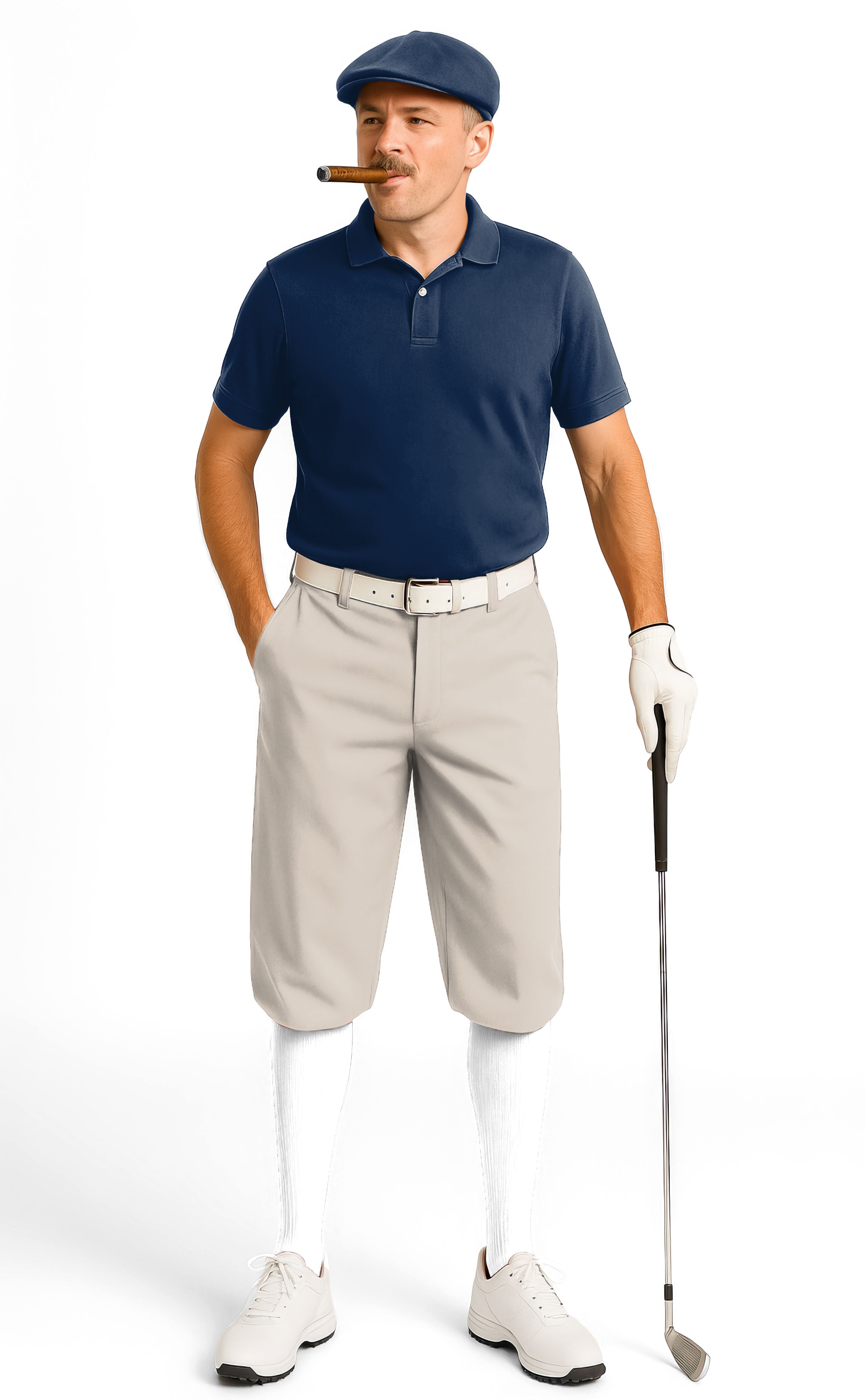 Taupe men's golf knickers pants with ankle cuffs and breathable fabric worn by golfer with navy shirt and cap