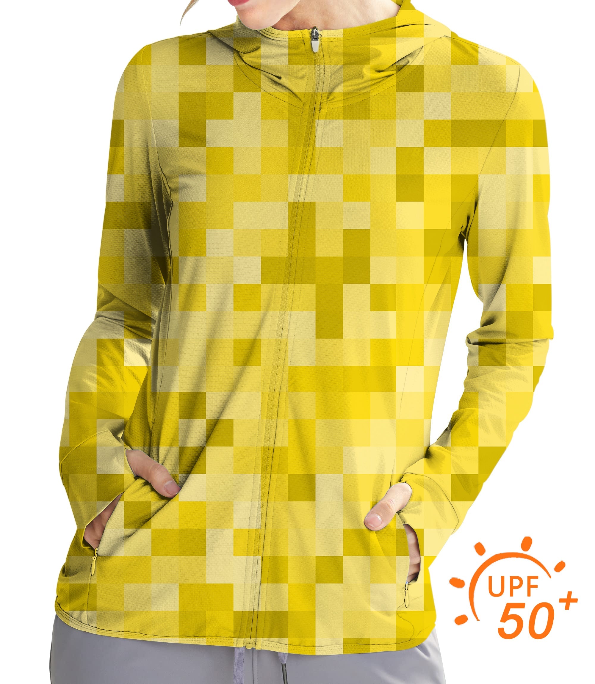 Women's outdoor yellow pixel big golf sun protection slim fit zip hoodie with thumb holes and UPF 50+ UV protection
