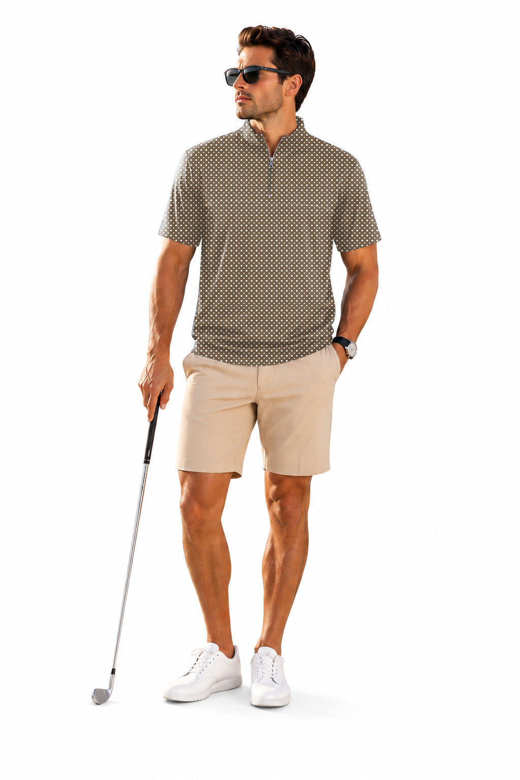 Men's Short Sleeve Quarter Zip Golf Pullover white polka dot brown