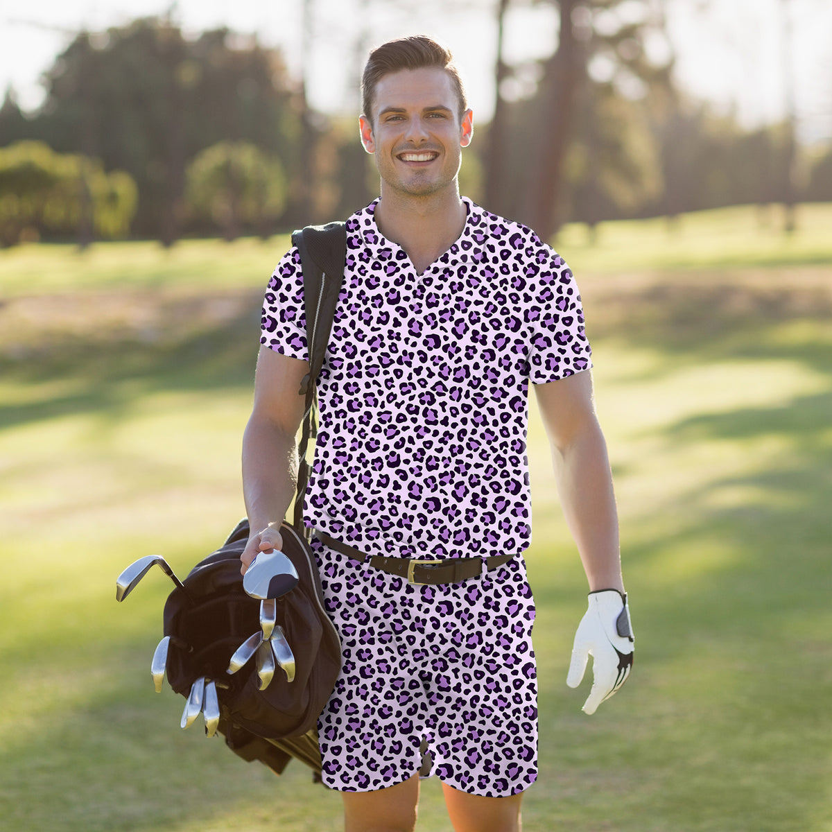 Men's Golf Set Polo+Shorts pink leopard print Men's Golf Knickers Pants