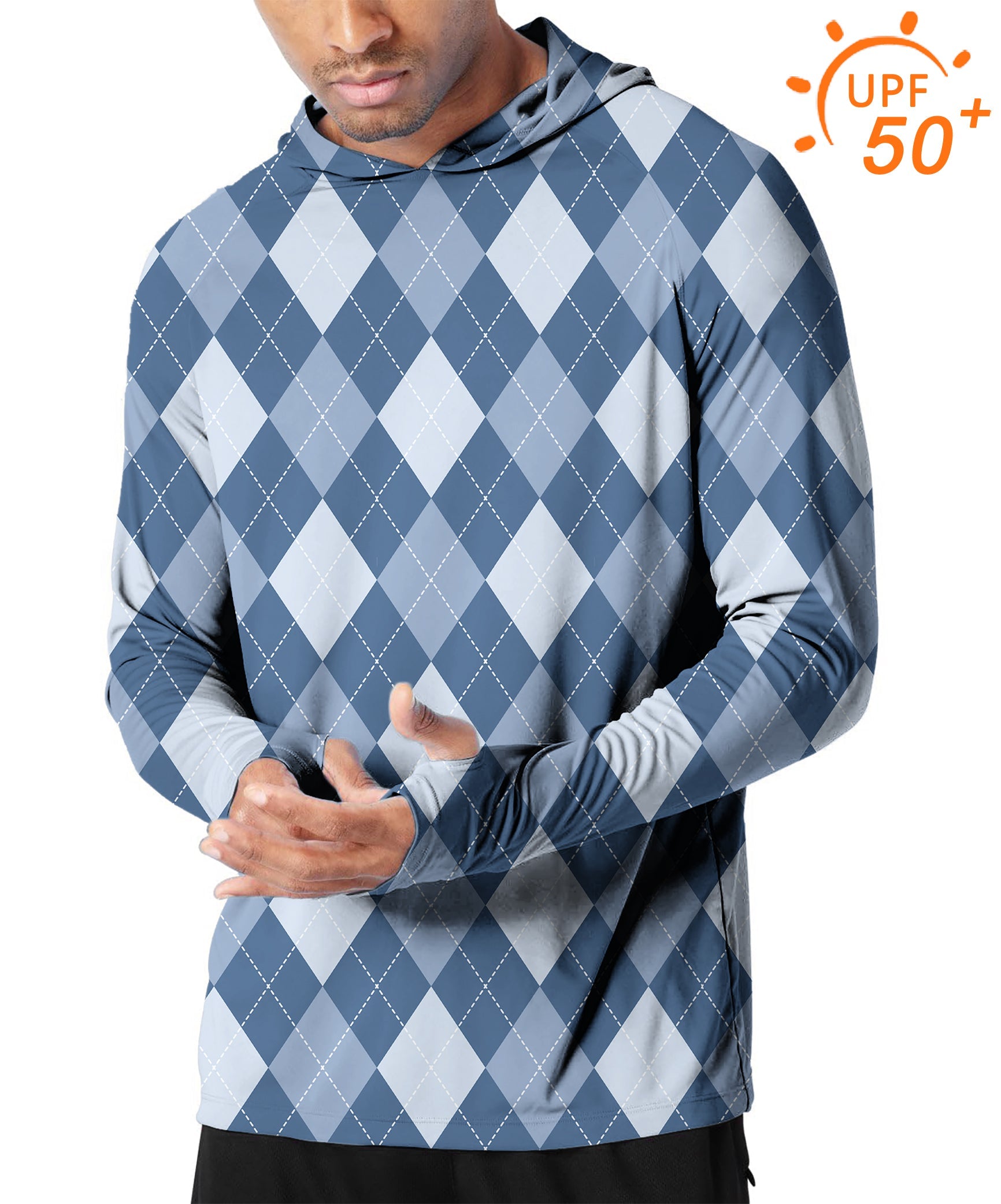 Men's outdoor blue argyle slim fit hoodie with UPF 50+ sun protection and thumb holes for golf and outdoor activities
