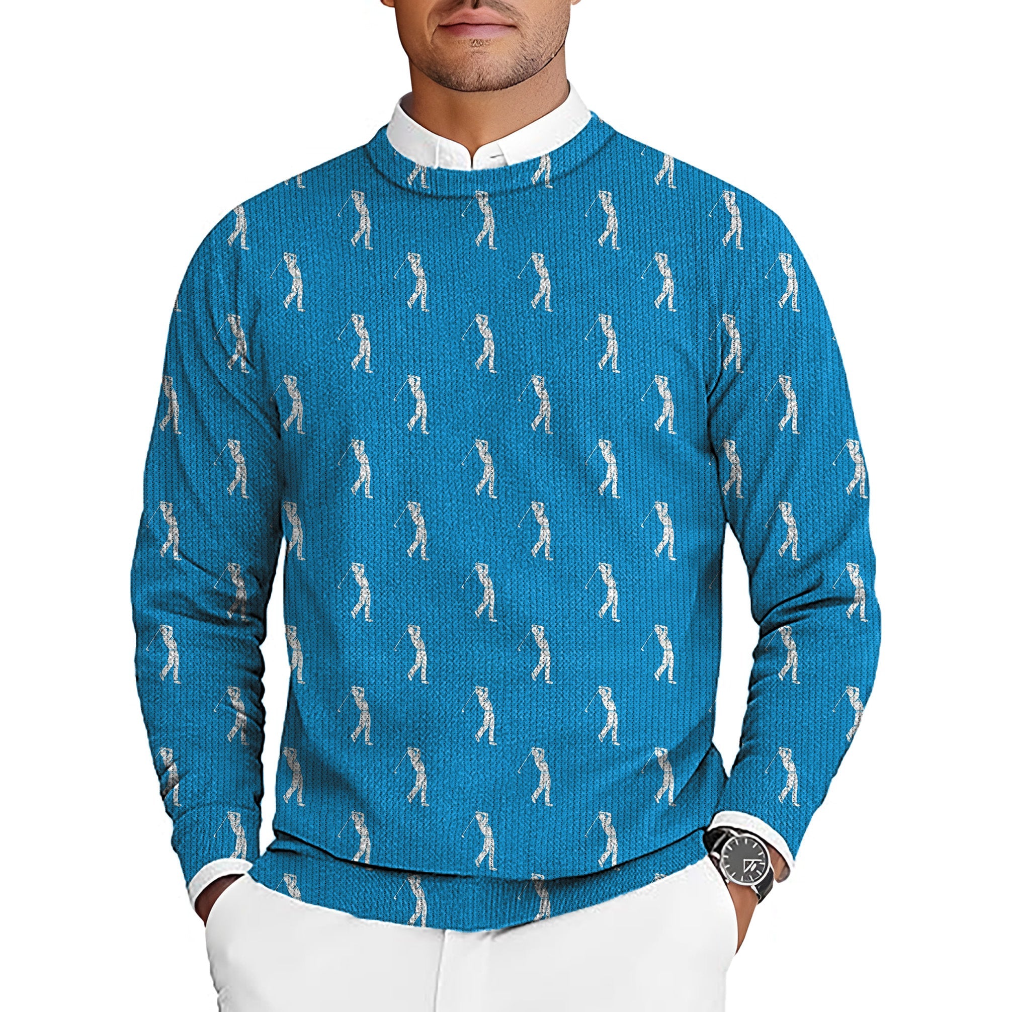 Men's golf-themed blue crewneck pullover sweater with long sleeves, elastic ribbed ends, and golfer silhouette pattern, lightweight and stretchy for comfort and warmth.