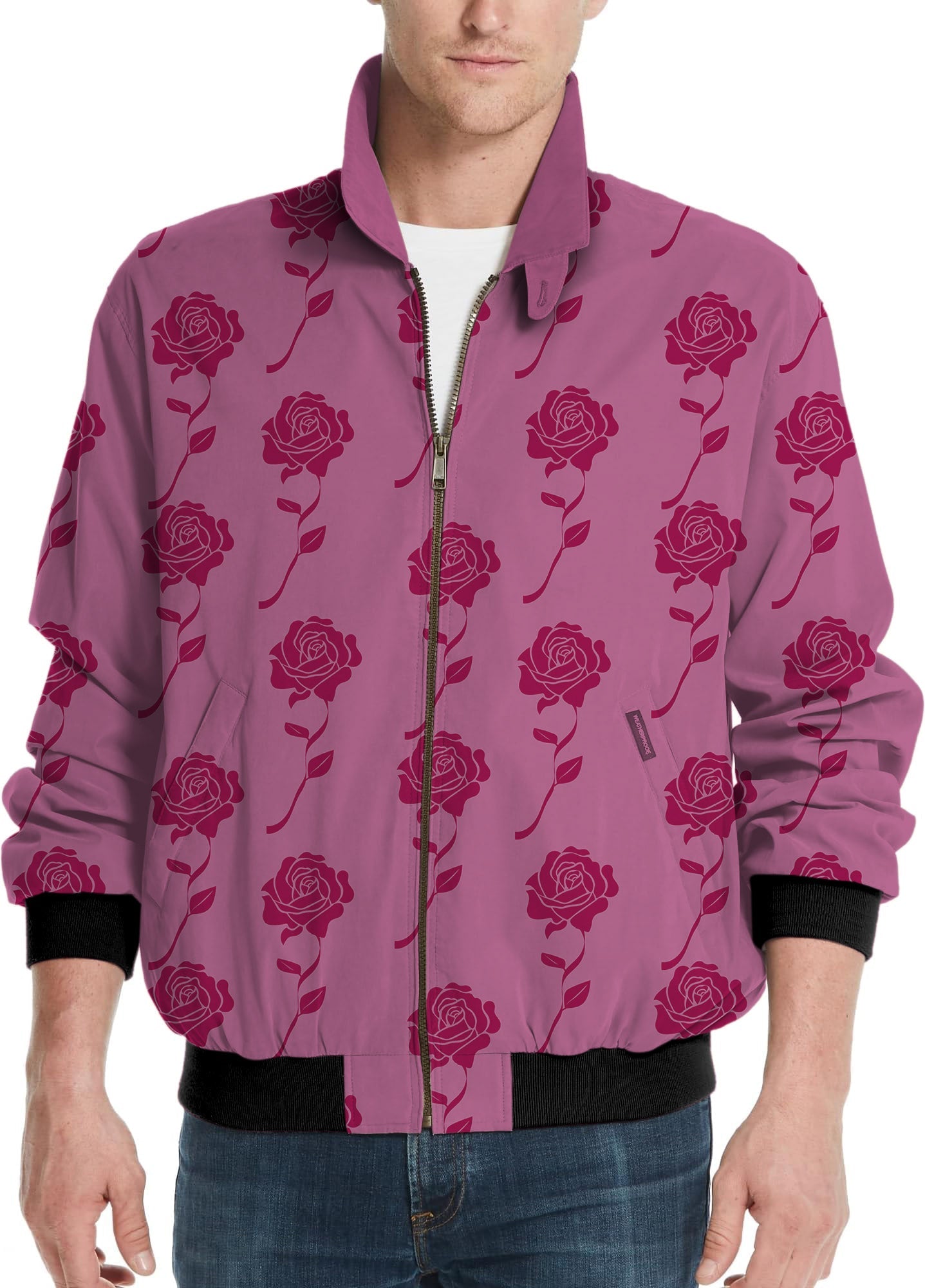 Men's golf windbreaker light jacket with red roses pattern, customizable for team uniforms