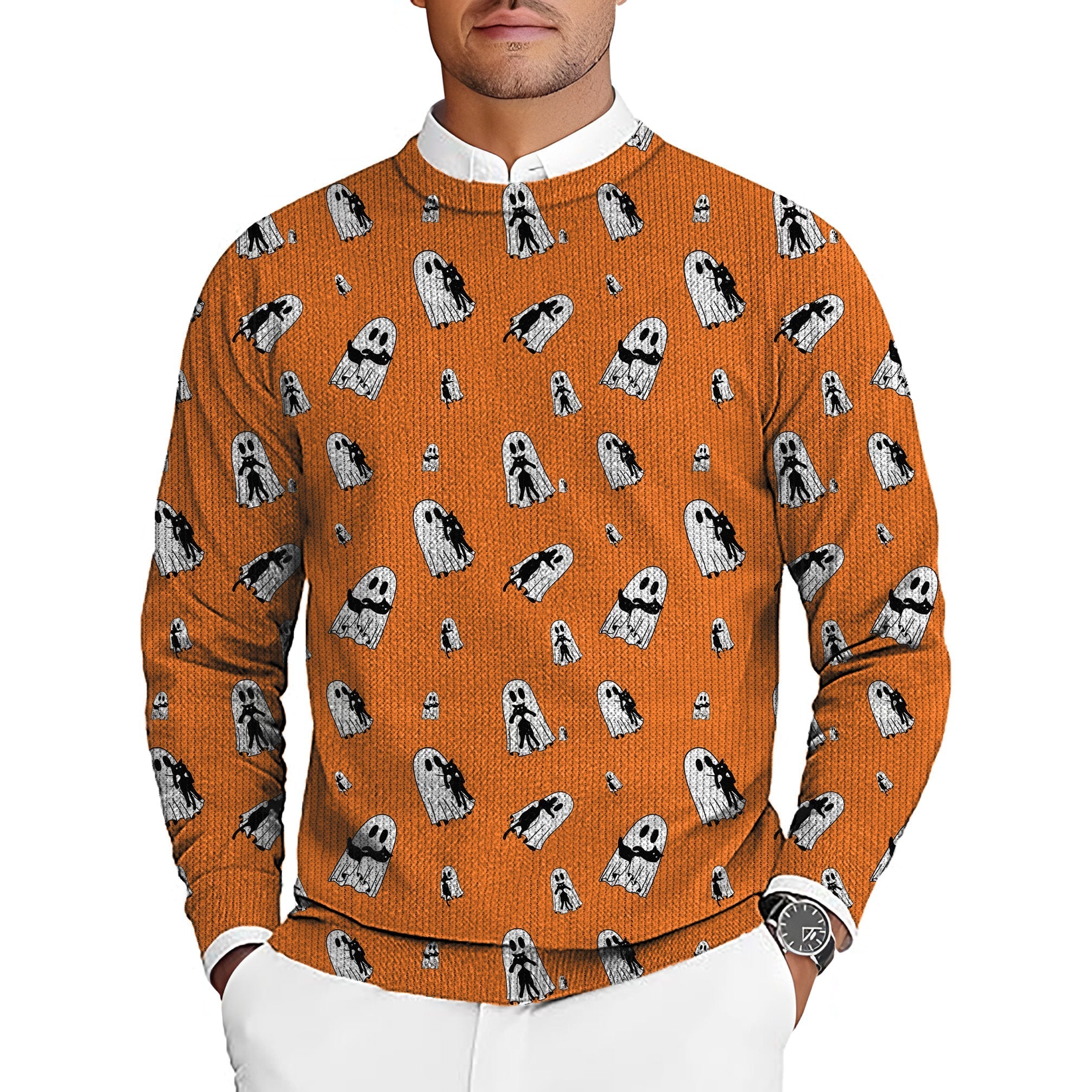 Men's orange golf crewneck pullover sweater with black and white Halloween ghost hug pattern