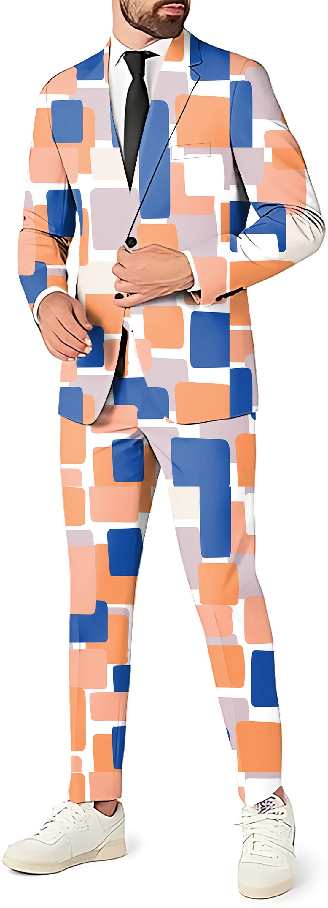 Mosaic men's party suit with blazer, pants, and vest in blue and orange geometric pattern