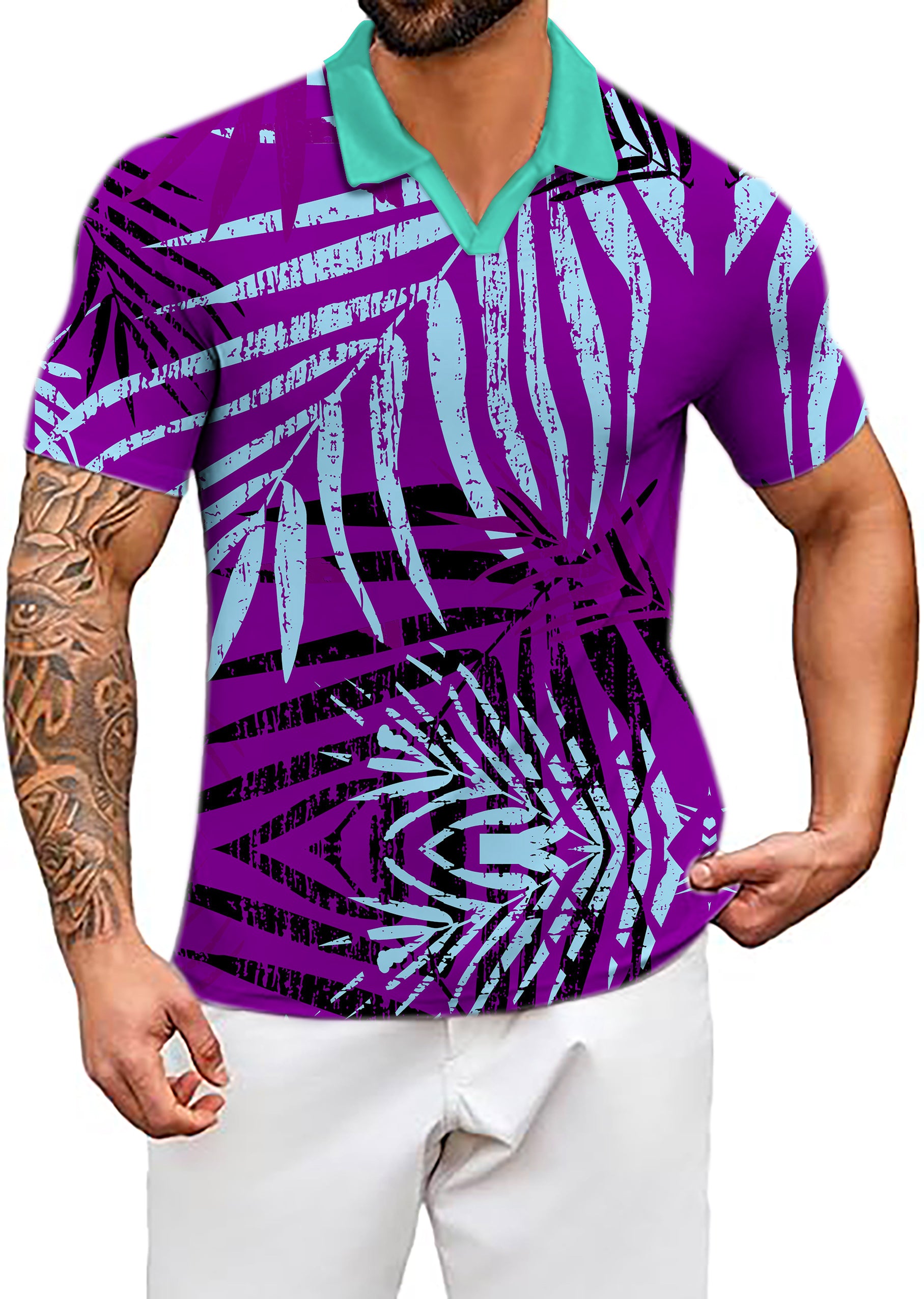 Men's purple leaf V Neck Golf Polo Shirts