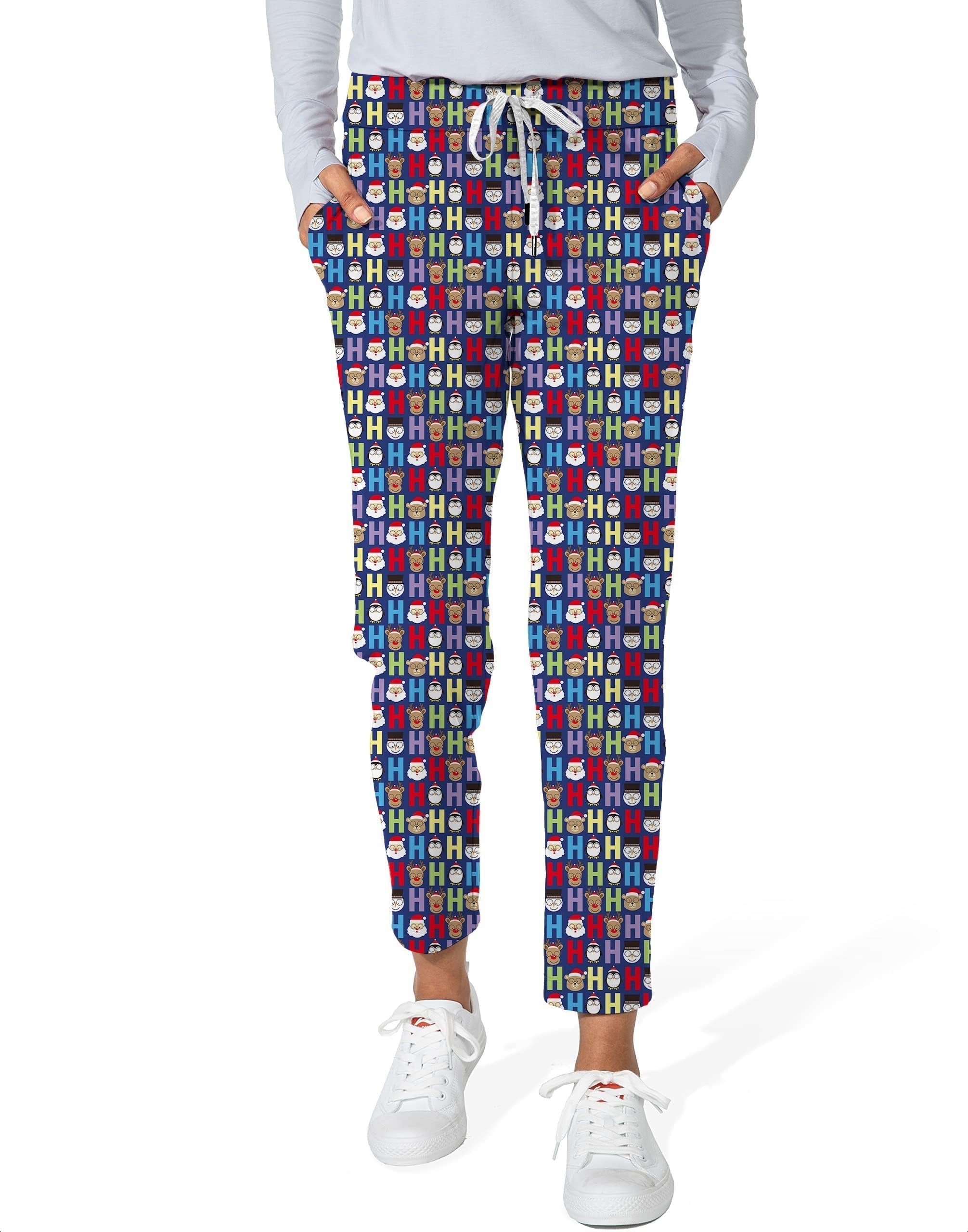 Cartoon H Elk Christmas women's 7/8 stretch ankle golf pants with colorful holiday print, elastic waistband, side pockets, and soft nylon spandex fabric.